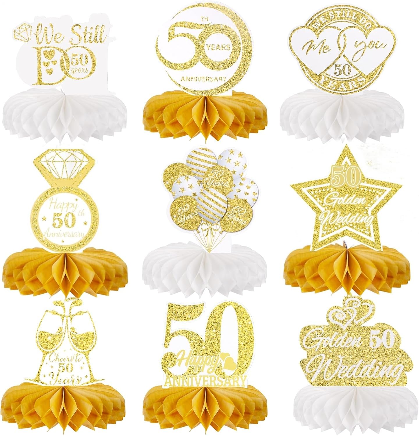 Jiusely Golden Wedding Anniversary Table Decorations 9Pcs, Romantic Honeycomb Table Topper，Golden Wedding Anniversary Table Decorations，Cheers to 50th Wedding Anniversary Honeycomb Table Topper
