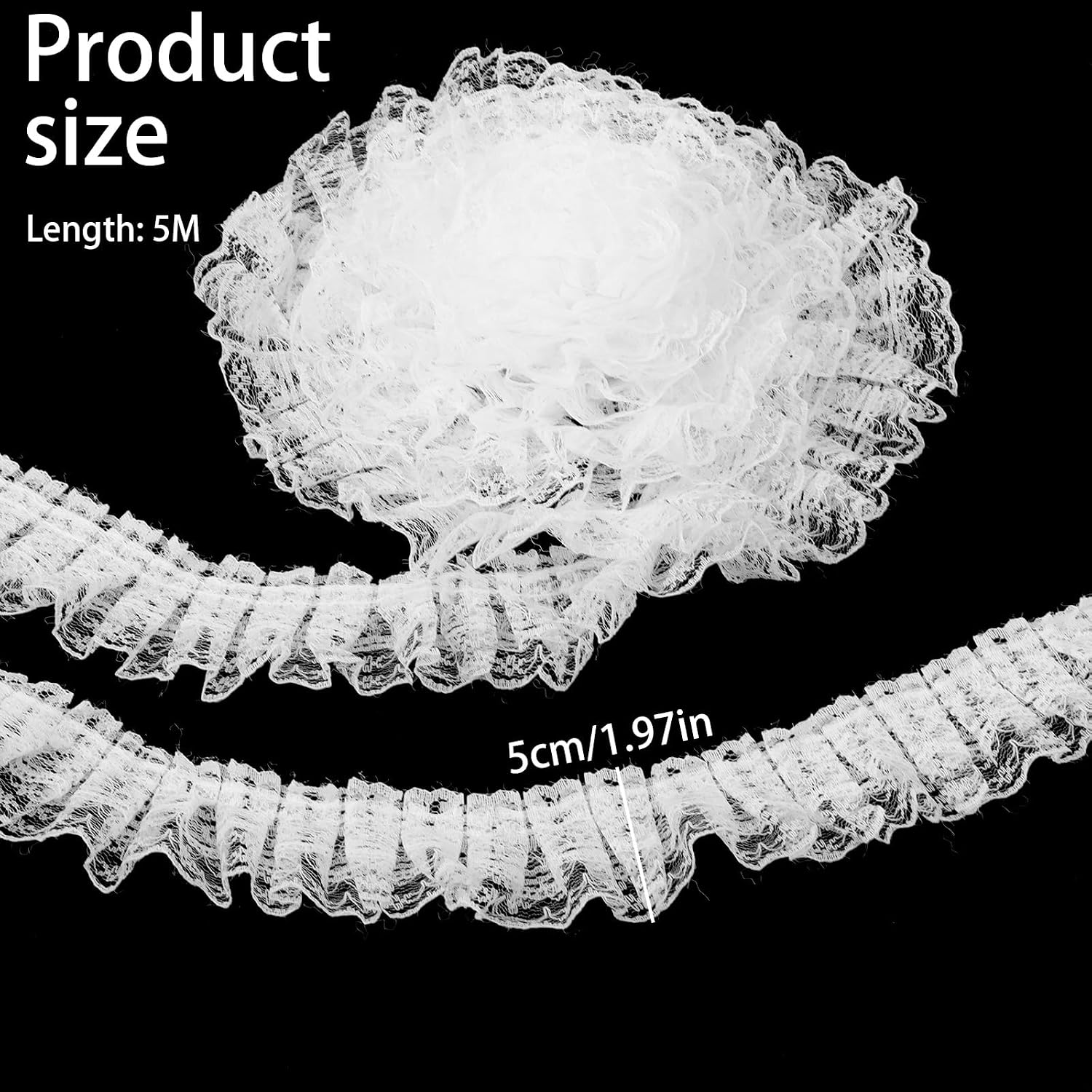 5.5 Yards Double Layer White Lace Ribbon, Vintage Ruffle Trim, 1.96 in Width Fabric Embroidered for Sewing, Clothes, Dresses, Craft, Bag, Gift Package, Bouquet, Wedding Decoration