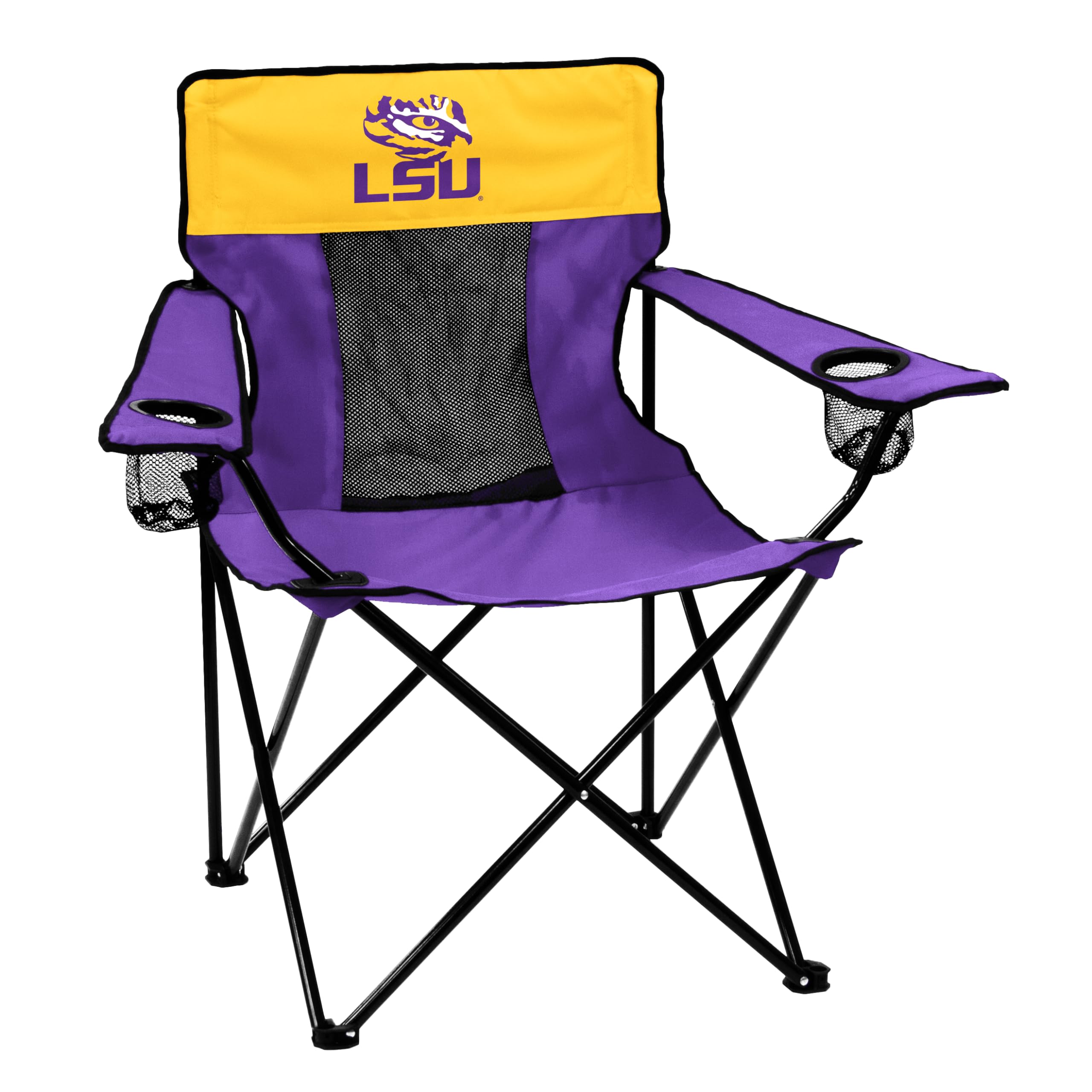 Logo Brands NCAA LSU Tigers Elite Portable Chair - Premium Outdoor Chair with Cup Holder, Powder-Coated Steel Frame, Lightweight and Portable for