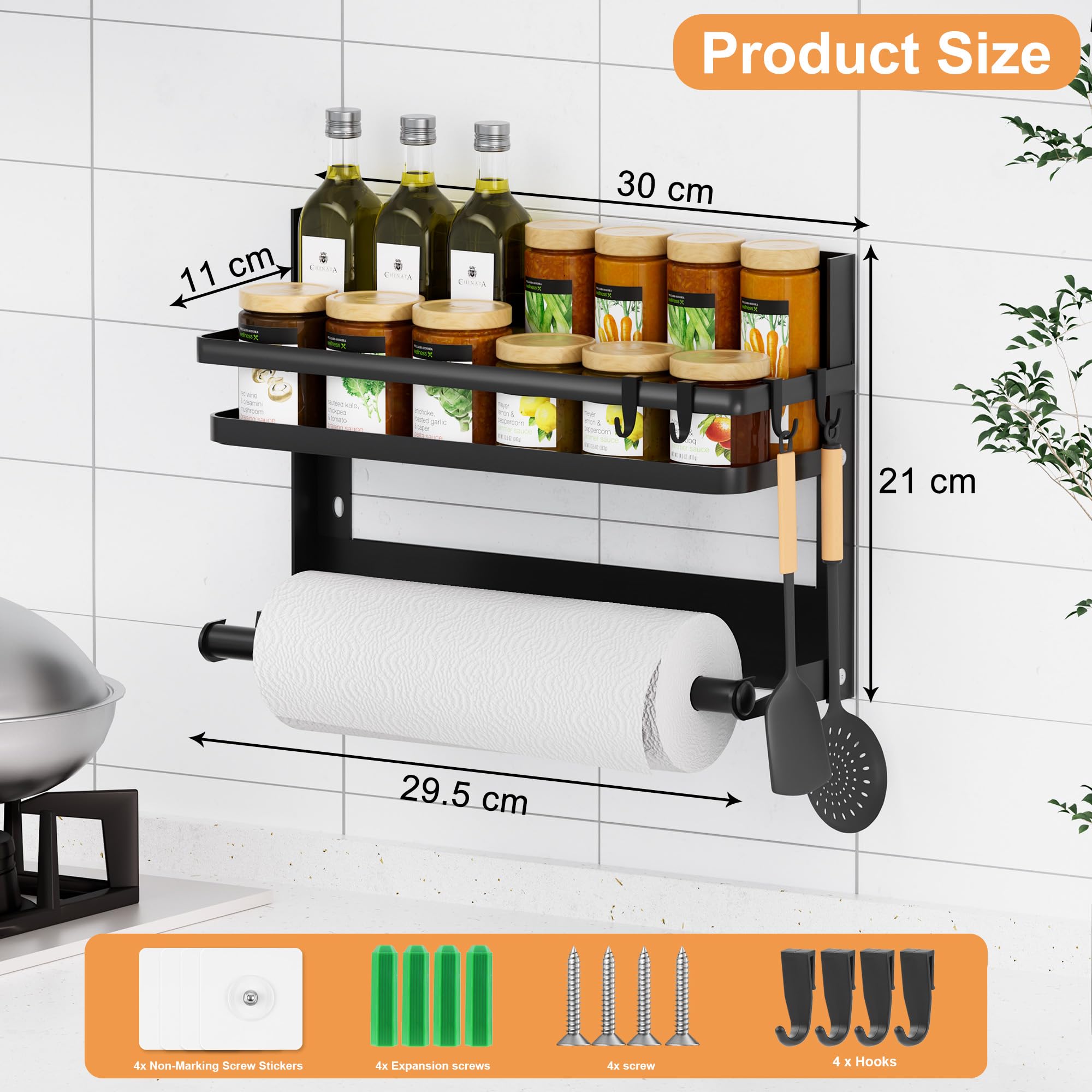 Jokisa Porta Spezie per Cucina con Porta Rotolo da Cucina e 4 Ganci –Portaspezie da Parete Senza Forature per Organizzare e Risparmiare Spazio in Cucina
