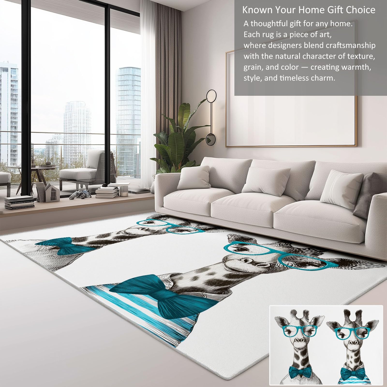 Genérico Zmywalny dywan antypoślizgowy 180 x 240 cm styl kreskówkowy, dywan zwierzę żyrafa okulary muszka do salonu sypialni biura lub pokoju dziecięcego korytarz łatwy do czyszczenia