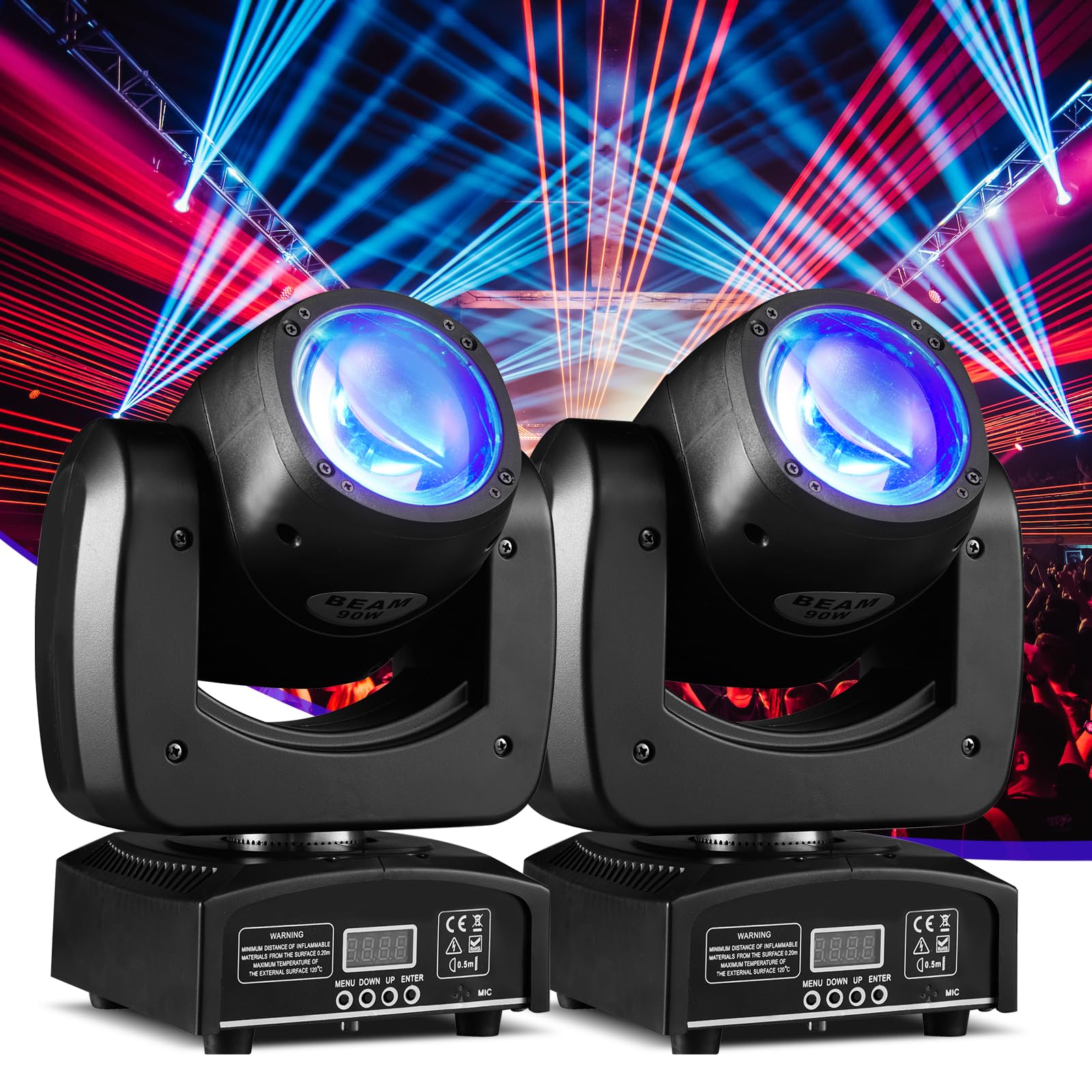 Moving Head Light 2 Pack 90W LED Beam Stage Light RGBW 4-in-1 DJ Lights Moving Head Spot Sound Activated DMX for Wedding Live Show Christmas Party