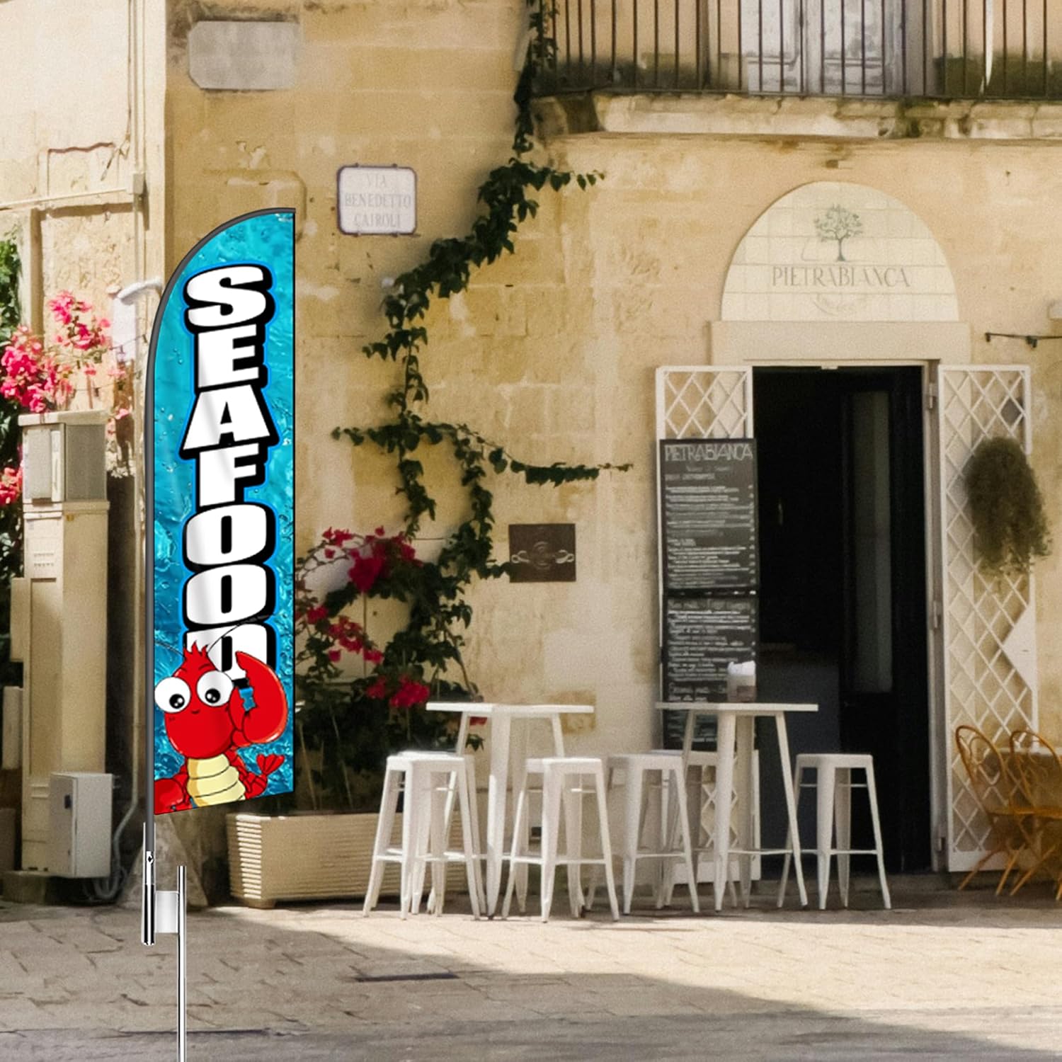 Seafood Feather Flag Banner - 11.5x2.5 Ft Advertising Swooper Flag for Outdoor Business and Events Promotion - Seafood Signs Windless Full Sleeve Banner for Restaurants, Diners, Markets (Only Flag)