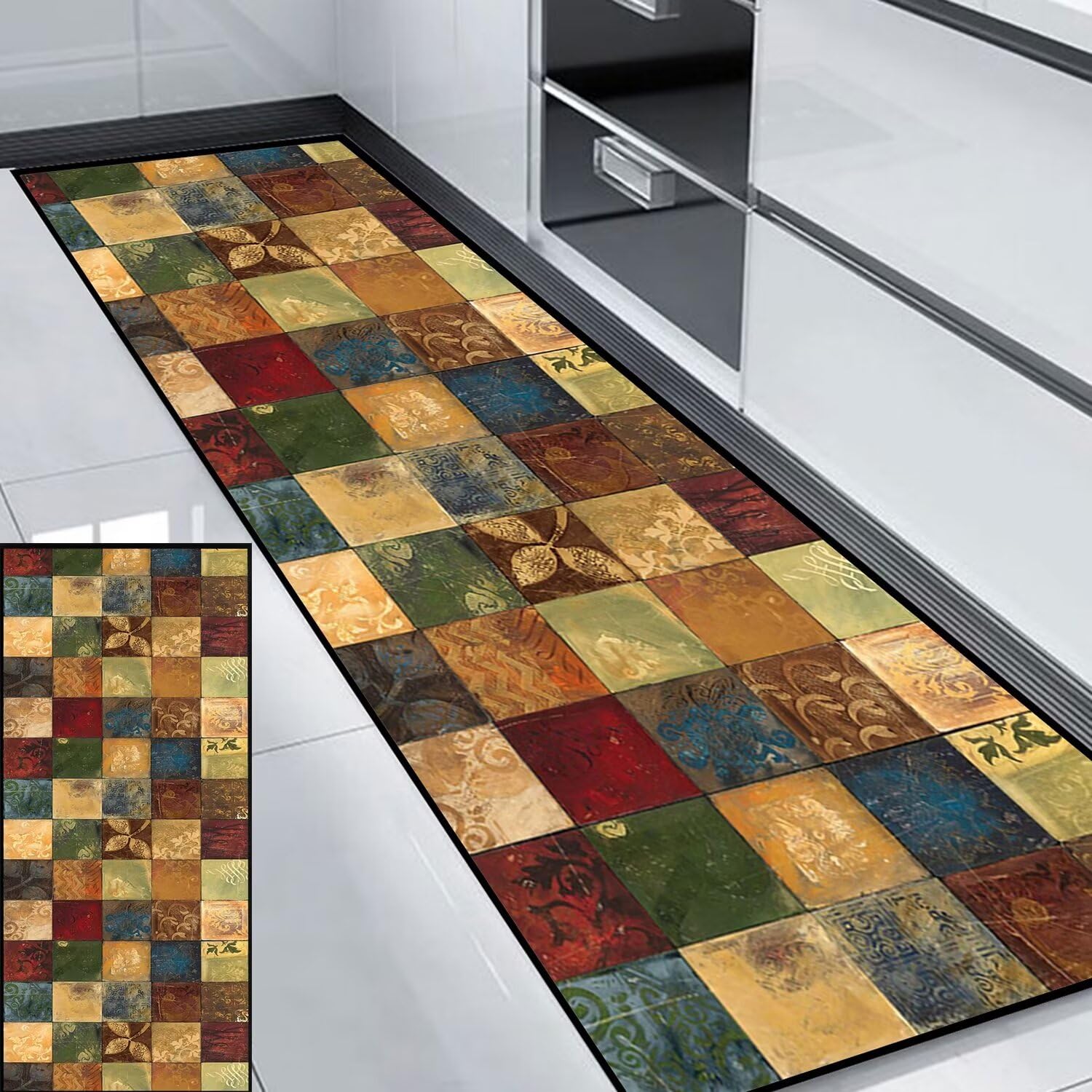 Tapis de couloir lavable à grand motif géométrique style L sur mesure