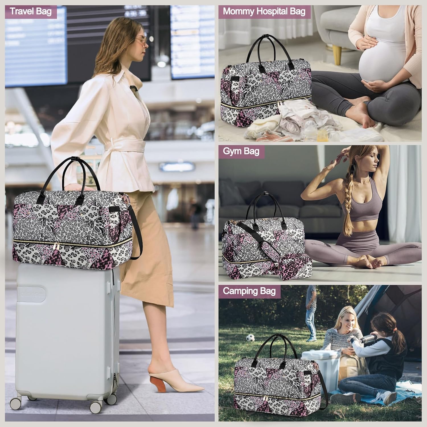 Wedama Weekender Bag for Women, Large Travel Duffel bag with Shoe Compartment, Carry on Overnight with Toiletry Makeup Bag for Travel Gym Camping Hospital, Leopard Print - Image 7