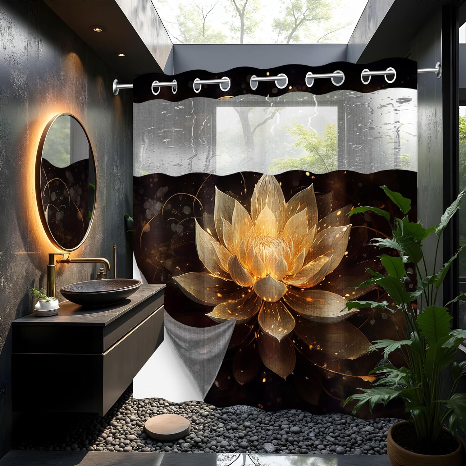 Lotus Hookless Shower Curtain with Snap in Liner, Black and Gold Spa Zen Spiritual Golden Floral No Hook Double Layer Shower Curtain and Liner Set, Waterproof Cloth Fabric, 71" W X 86" L