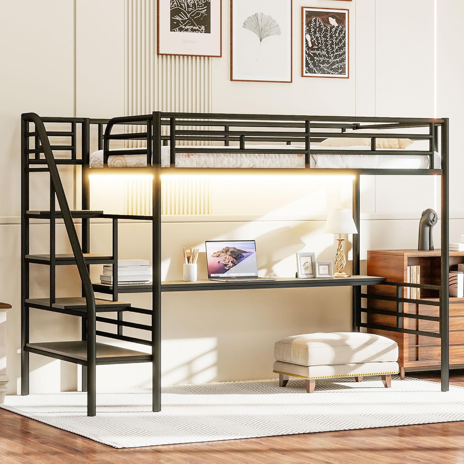 Merax Loft Bed with LED light strip glowing yellow under the bed