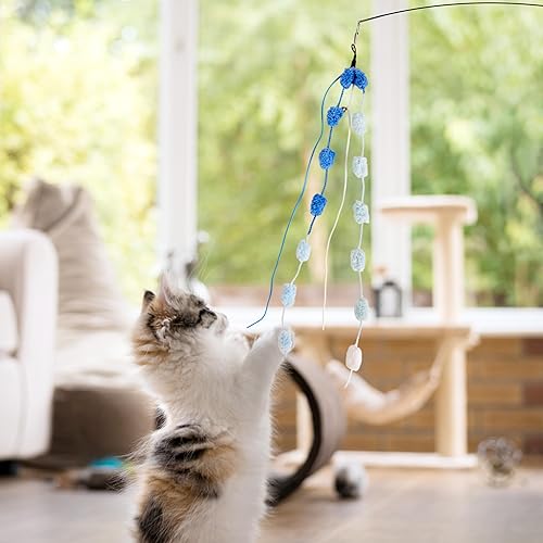 Miniatura 7 de Juguete de varita para gatos, 9 piezas retráctiles de felpa Srtip para gatos, juguetes con campana y cuerda, juguetes interactivos largos para