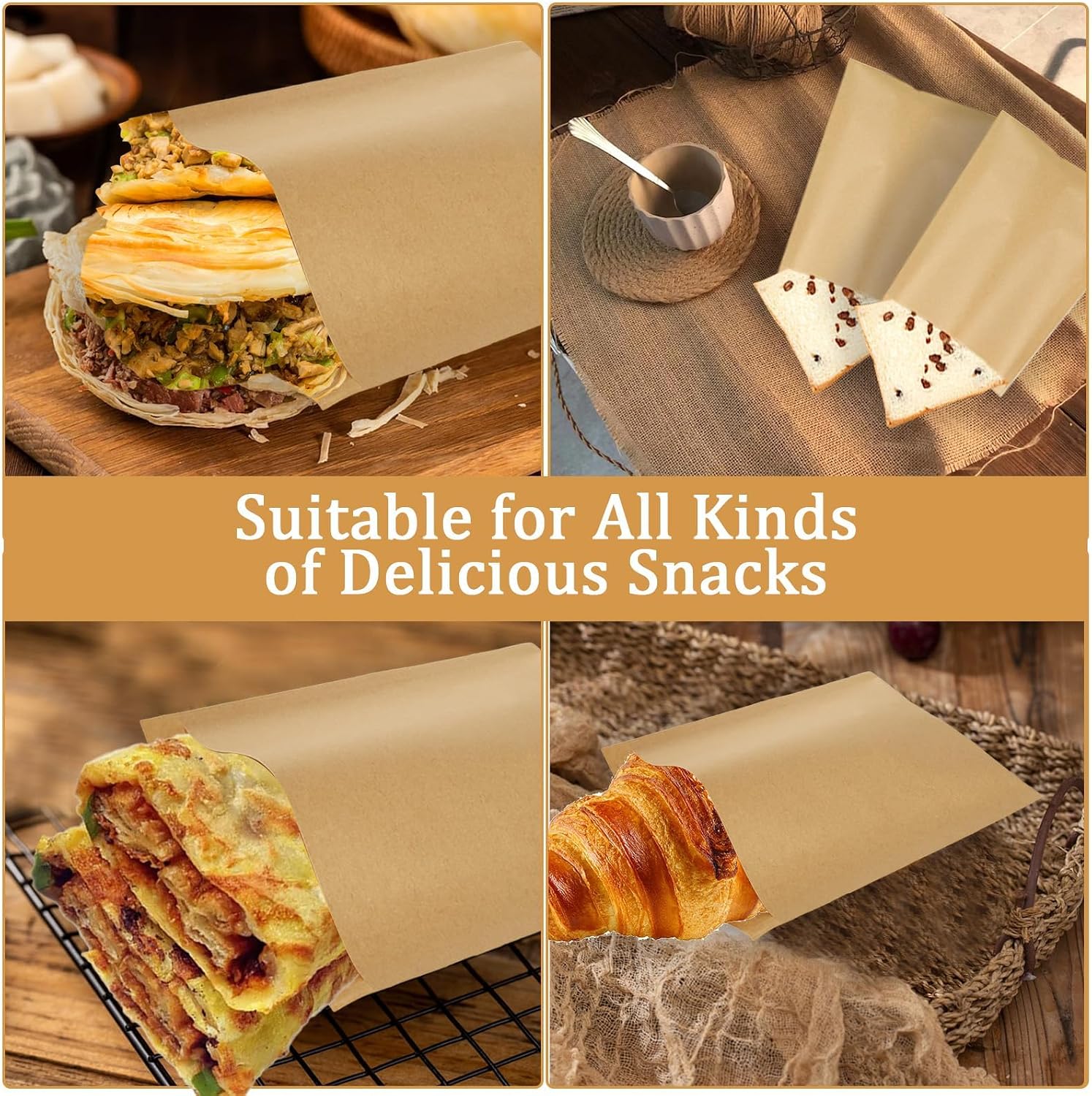 WOPPLXY 800 Pack Kraft Paper Sandwich Bags, 8 x 6 Inch Wax Paper Bags, Brown Paper Treat Bag, Breakfast Paper Bag, Flat Greaseproof Bags for Bakery, Cookies, Snacks, Sandwiches
