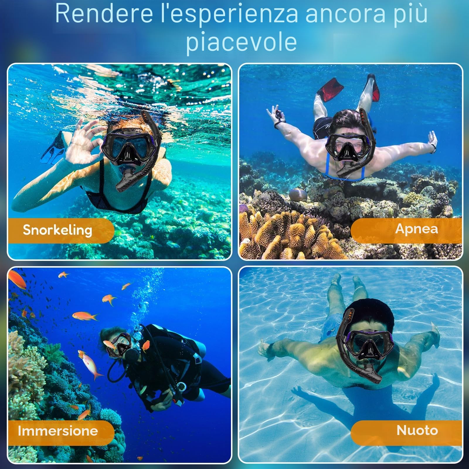 Maschera Snorkeling Adulto Antiappannante Panoramica 180° Set con Boccaglio