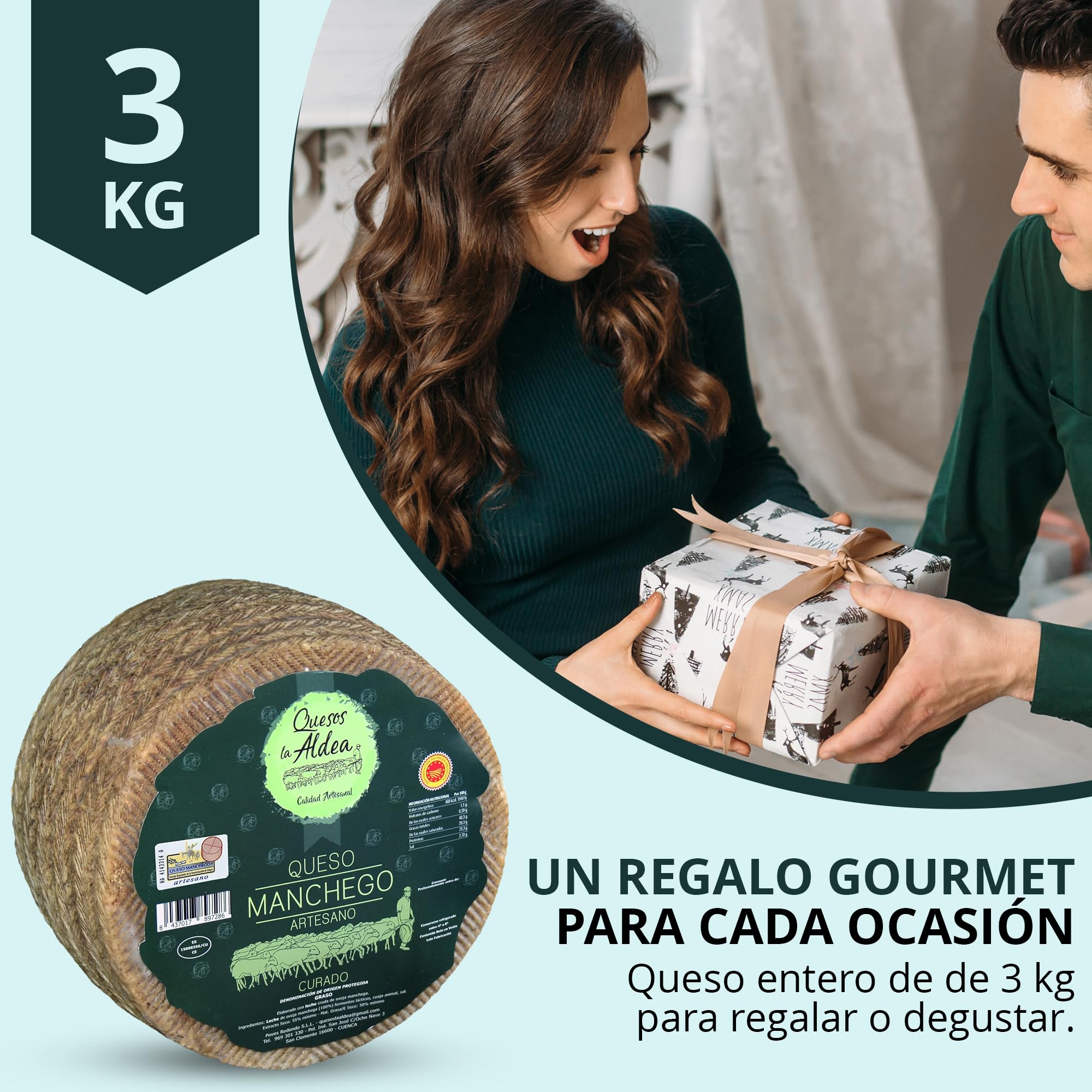 QUESOS LA ALDEA | Queso Manchego Curado de Oveja Artesano de Origen D.O. | Queso Gourmet 3 kg | Perfecto para Packs Regalo de Quesos gourmet, Cesta y Regalo Gourmet | Queso Curado