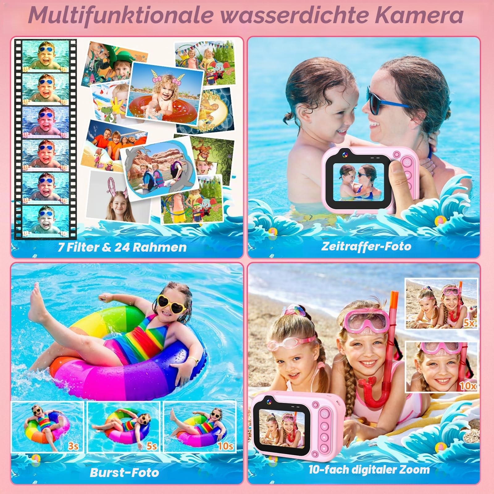 Unterwasserkamera, Digitalkamera Wasserdicht 10ft 1080P Full HD 26MP 10X Digitalzoom wasserdichte Kamera Schnorcheln für Unterwasser-Selfie, Schwimmen, Strand, Wasserpark - Rosa