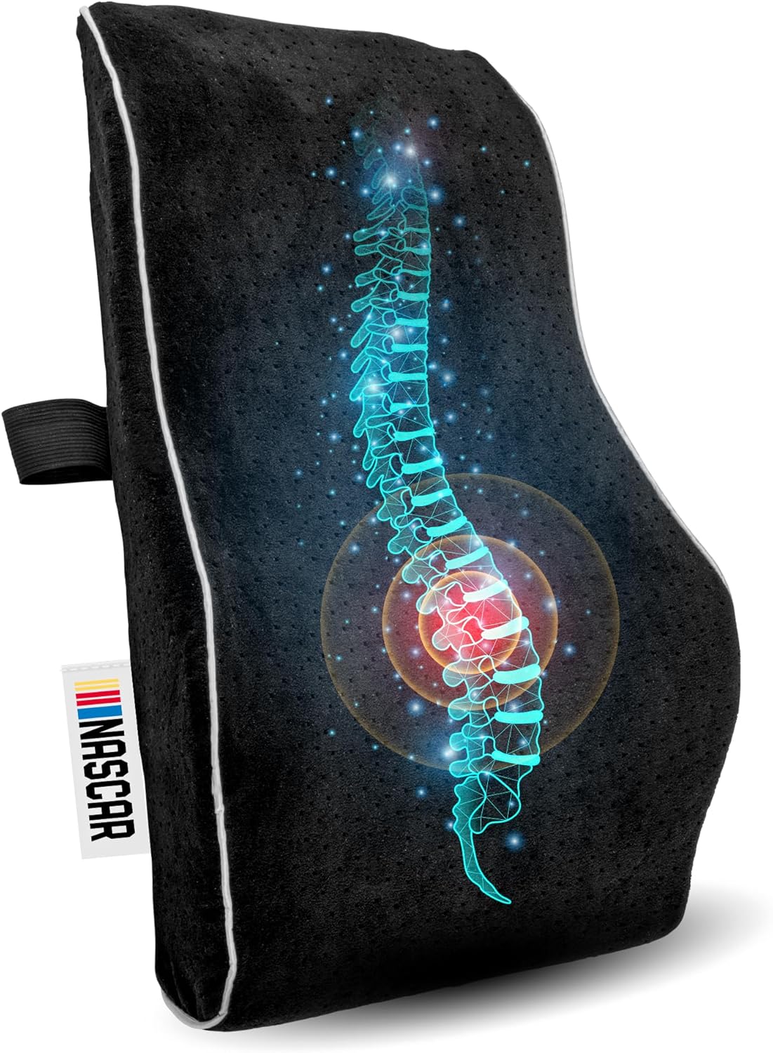 NASCAR Lumbar Support Pillow for Office Chair, Car, Gaming Chair, Home | Contoured Ergonomic Back Support | Premium Memory Foam | Breathable & Washable Jaquard Velvet Cover w/Adjustable Strap, Black