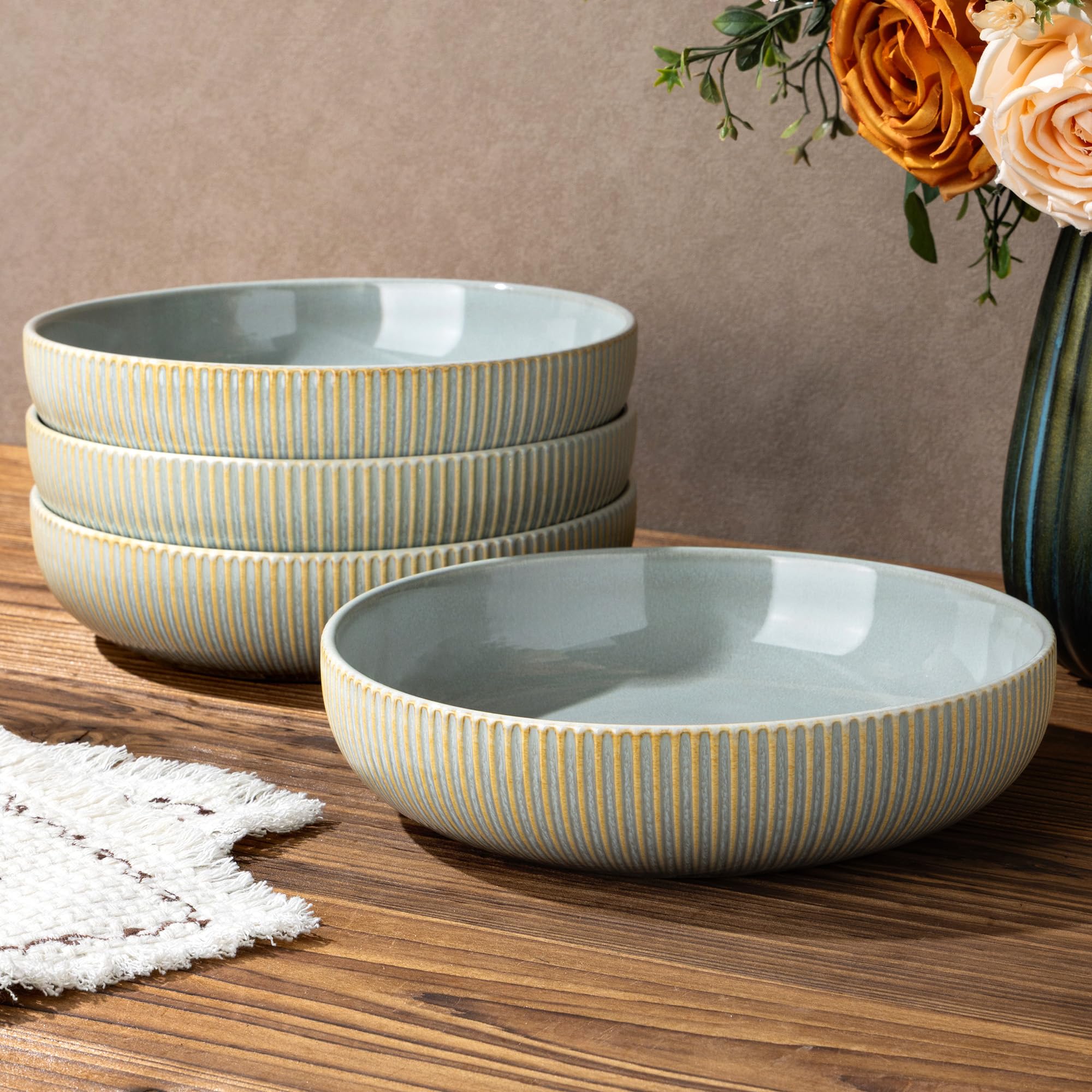 theterra 8.5" Ceramic Pasta Bowls Set of 4, Salad Bowls