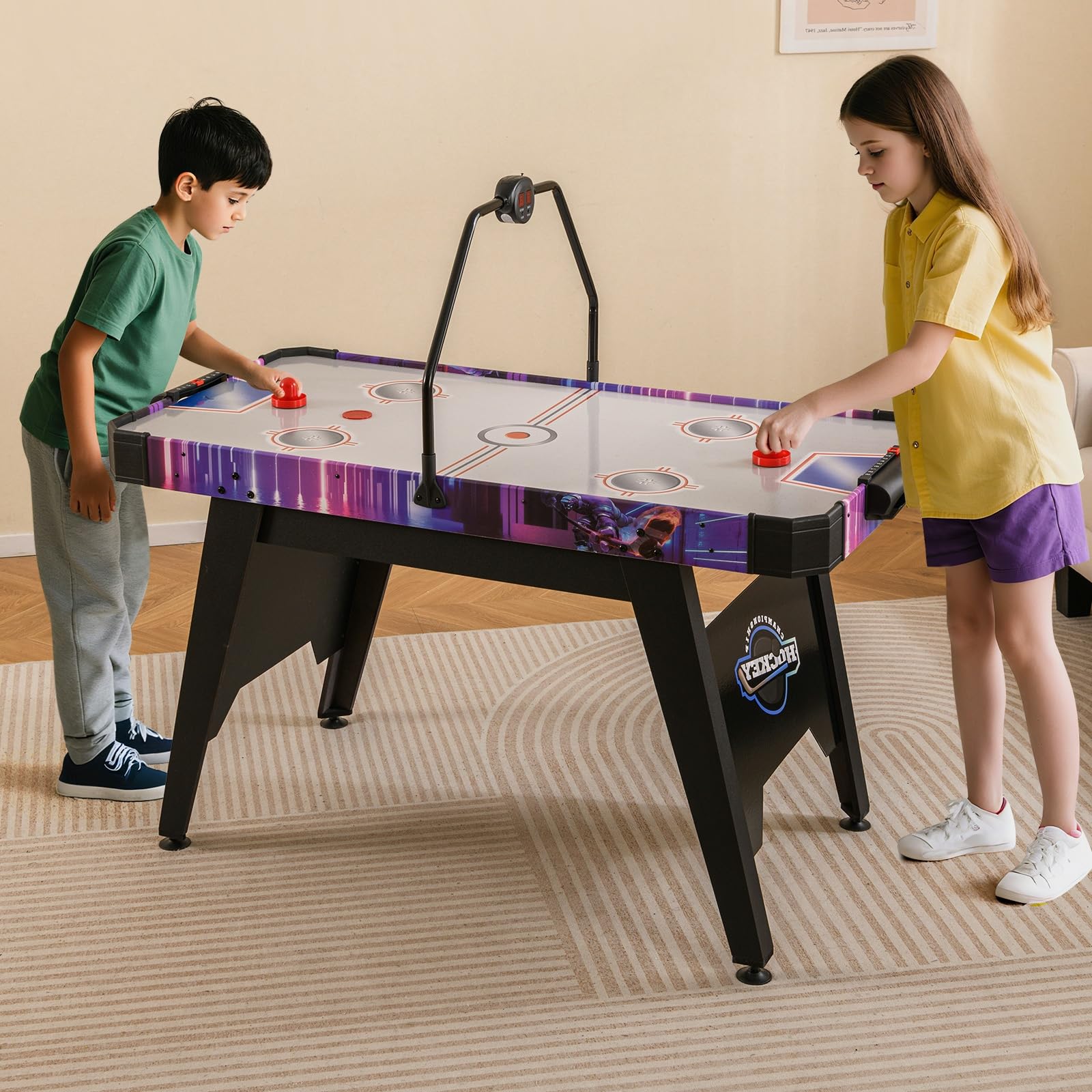 HOMASIS Tavolo da Gioco di Air Hockey con Tabellone Segnapunti LED, 2 Aste e Dischetti, Pedali Regolabili, Tavolo da Hockey per Famiglia, Bar, Casa, Ufficio, per Bambini e Adulti