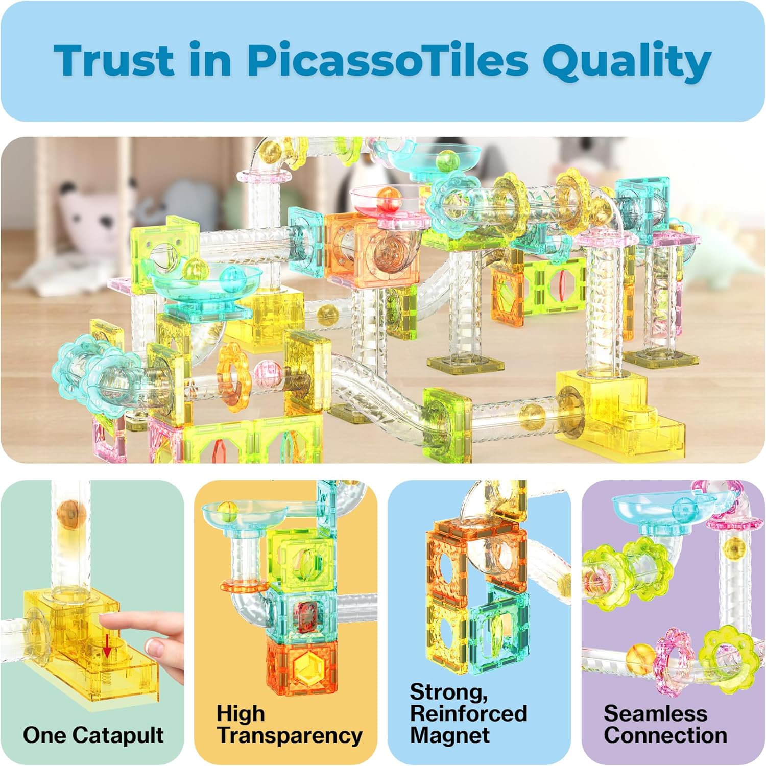 PicassoTiles Magnet Tile Building Block 80pc Marble Run Race Track Travel Size Pretend Play Toy With Launcher Lifter STEM Education Learning Magnetic Tiles Construction Kit School Boys Girls 3+ PTMG80