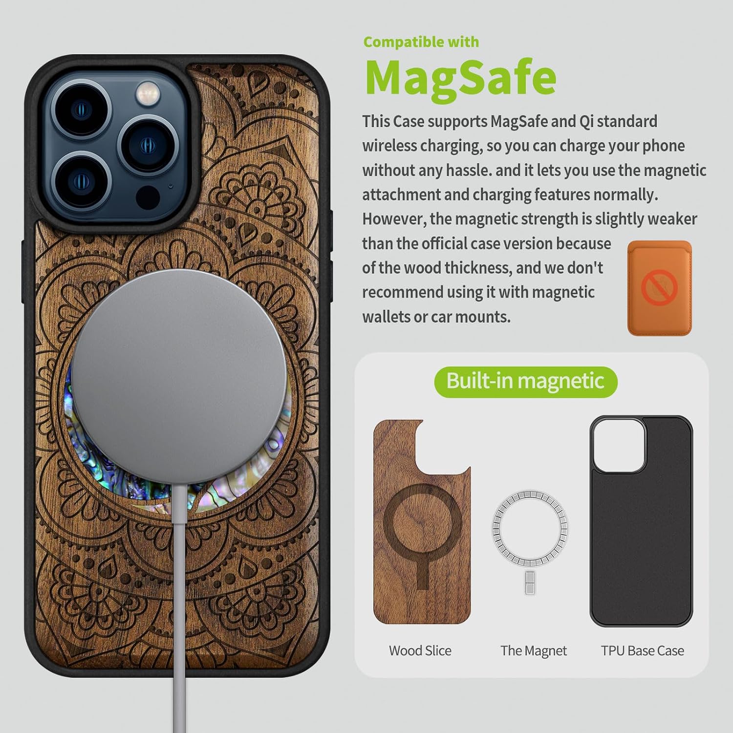 Carveit Wooden Case for iPhone 15 Pro Max Magnetic Case, Compatible with MagSafe Wireless Chargers, Shockproof Cover, Handmade Shell Inlaid & Wood Artisan Engraved (Shell Yin Yang Wolf) Walnut