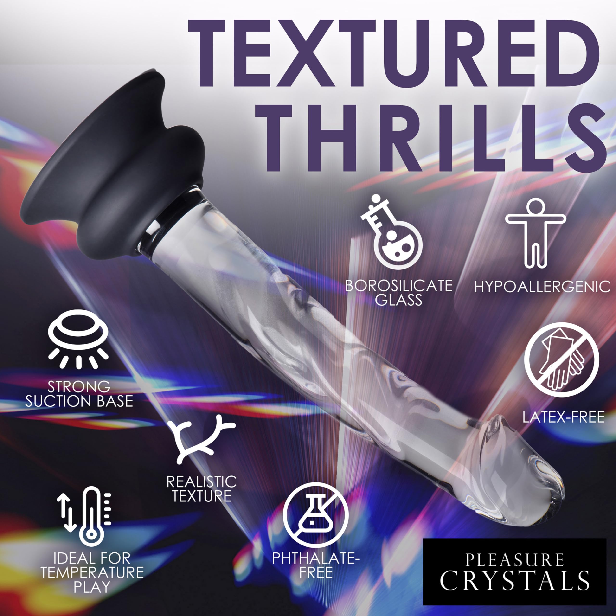 Pleasure Crystals 7" Glass Dildo with Silicone Base for Men, Women & Couples. Realistic Texture, Includes Removable Silicone Suction Cup, Ideal for Temperature Play. 2 Pieces, Clear.