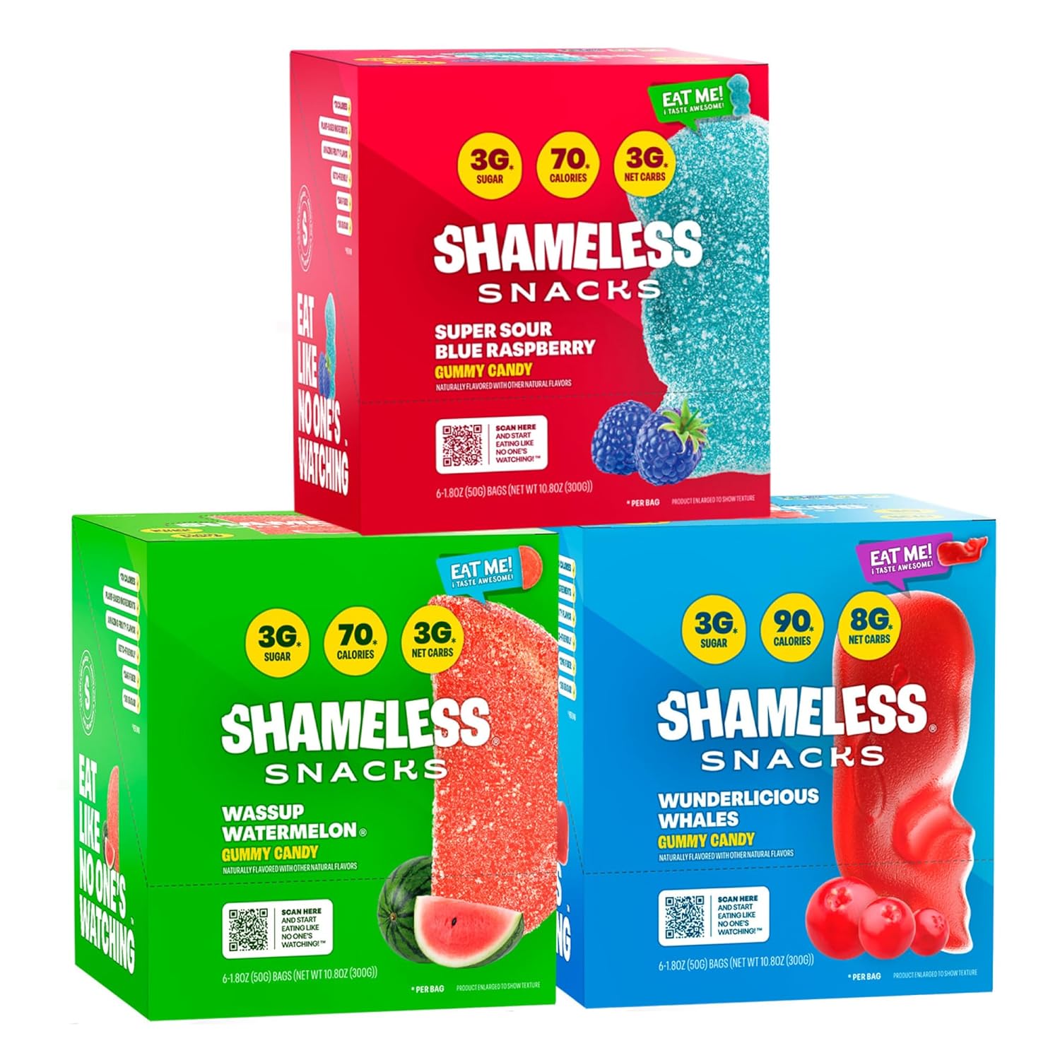 Shameless Snacks - Low Carb Keto Gummies Gluten Free Candy Bundle - Blue Raspberry, Watermelon, Wunderlicious Whales