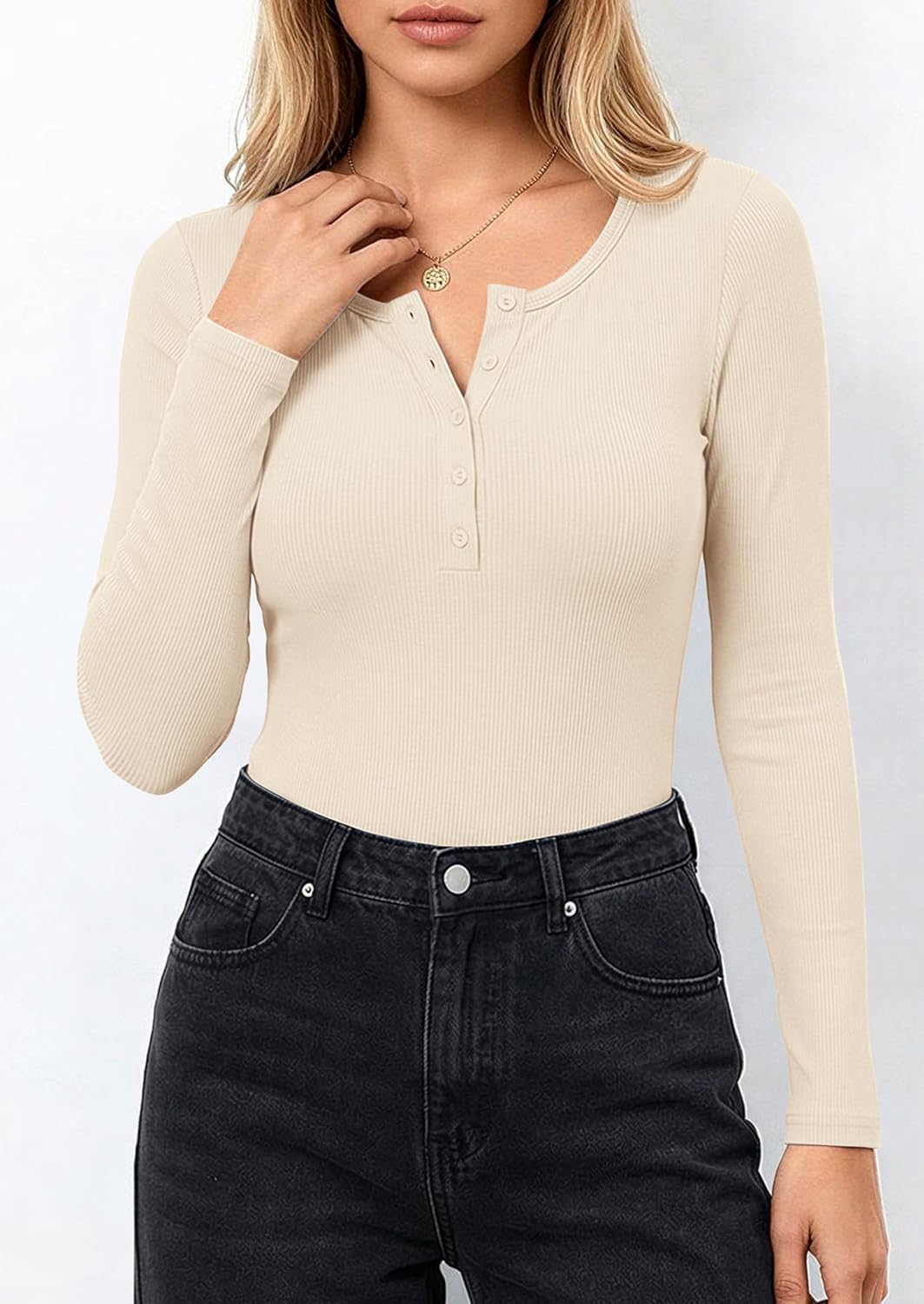 PRETTYGARDEN Long Sleeve Bodysuits for Women 2026 Ribbed Knit Henley Button Up Slim Fitted Basic Tops Winter Fashion Clothing (Beige,Medium) - Image 7