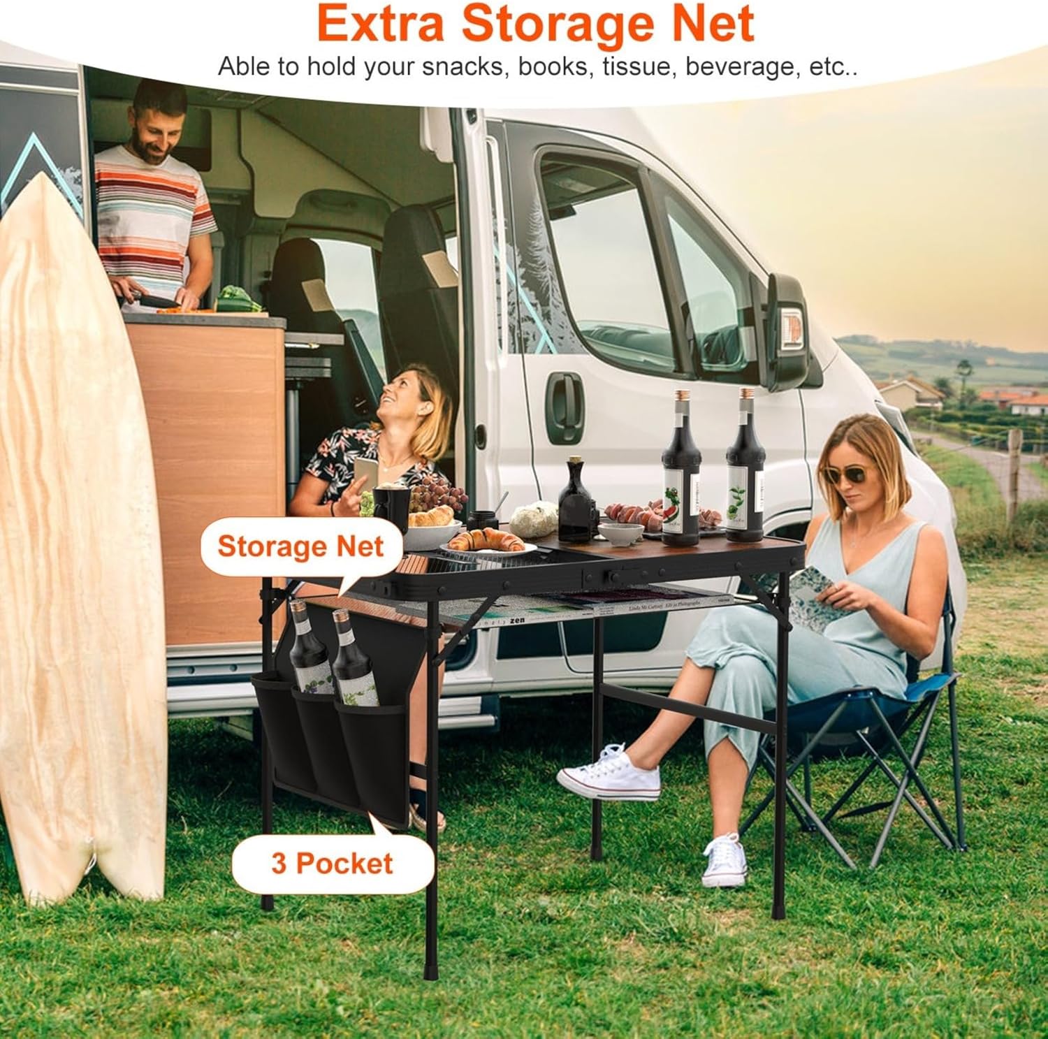 Outdoor Indoor Folding Portable Camping Table, Height Adjustable Barbecue Table, Detachable Storage mesh Bag and Carrying Bag, Barbecue, Backyard, Beach use