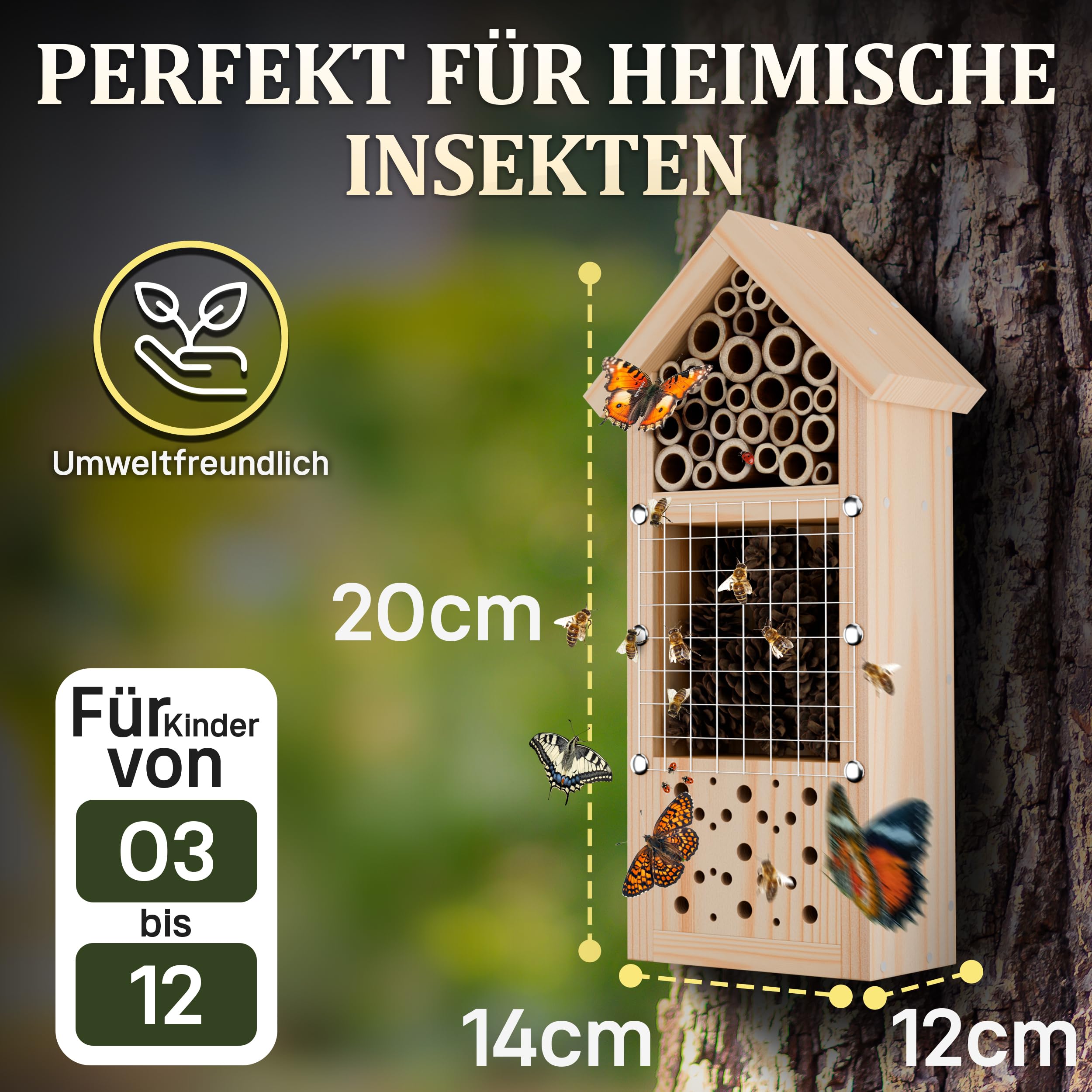 Eli® Insektenhotel Bausatz für Kinder aus Kiefernholz zum Bemalen – inkl 6 Farben - Pinsel - Hammer - Nägel - Schablonen & Vorlagen – DIY Bienenhaus & Wildbienenhotel für Garten & Balkon