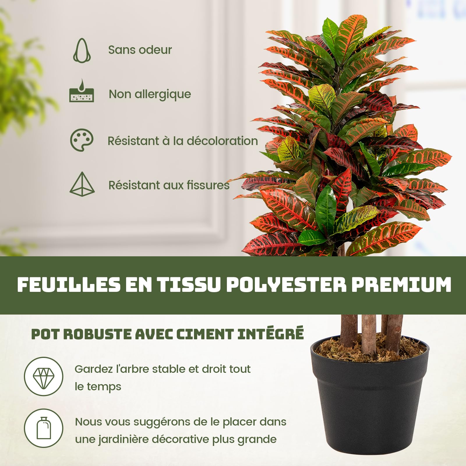 RELAX4LIFE Croton 1M avec Feuilles Panachées Colorées, Troncs Naturels en Bois, Plante Artificielle Plante en Pot avec Pot de Pépinière, Palmier Croton Faux pour Bureau Maison Jardin