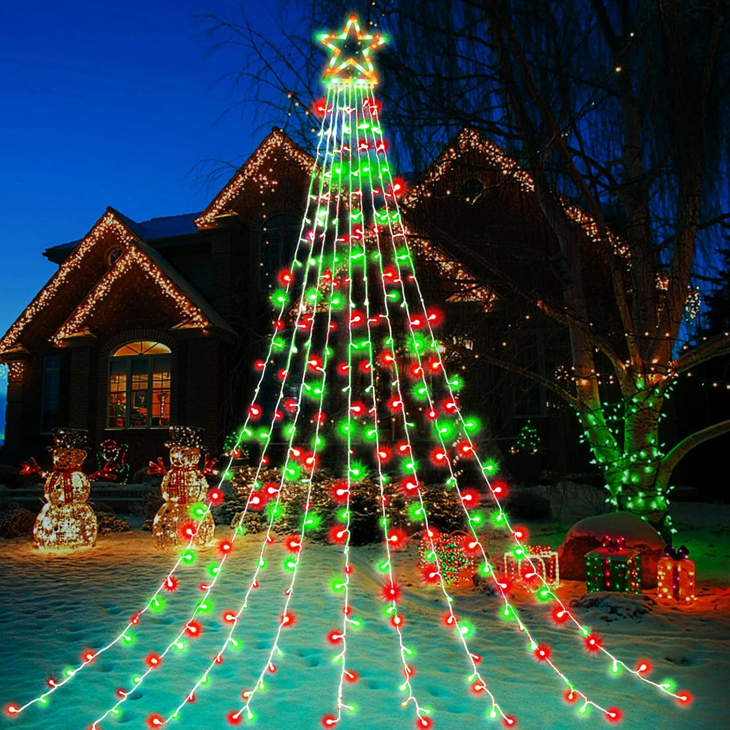 FUNIAO Christmas Decoration Lights - 320 LED Star String Lights Tree Topper with 12" Star for Yard, Garden, Wedding, Party - Red & Green Plastic Star-Red&Green