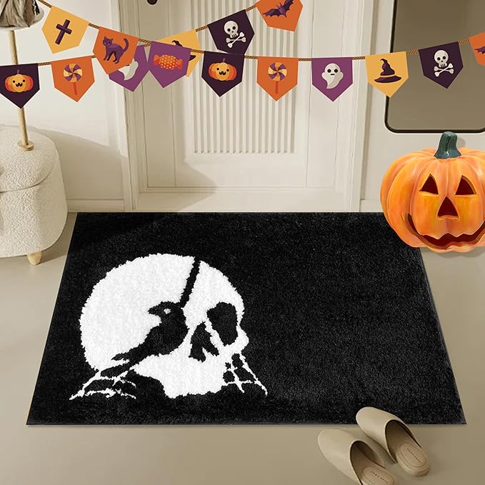 Halloween Bathroom Rugs Black White Bath Mats Skull Nightmare Before Christmas Home Decor Bath Rugs for Bathroom, Bedroom Washable Absorbent Carpet 20