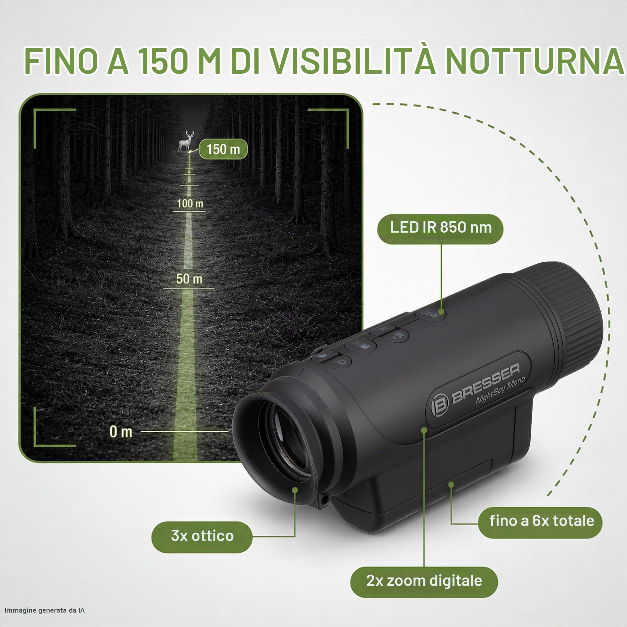 Bresser NightSpy Mono - Dispositivo di visione notturna digitale con illuminazione a infrarossi e fotocamera | ingrandimento ottico 2x, portata di visione notturna 100 m, batteria e custodia inclusa