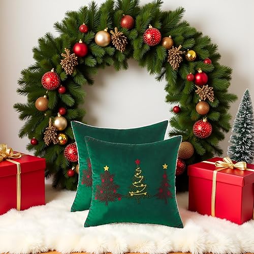 Miniatura 8 de Juego de 2 fundas de almohada de terciopelo de 18 x 18 pulgadas para árbol de Navidad, decoraciones de fiesta de Navidad, fundas de almohada