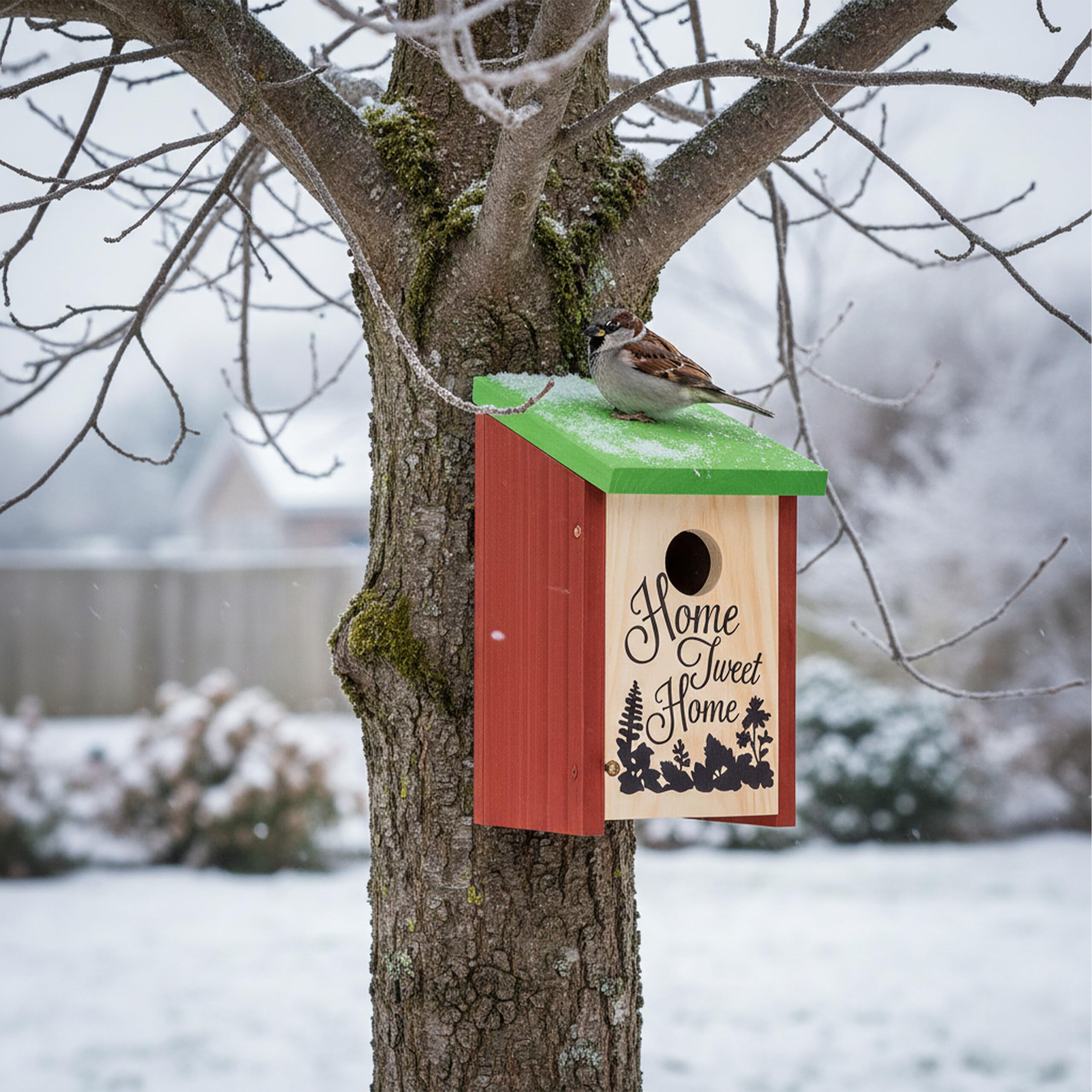 Relaxdays Nichoir à oiseaux HOME SWEET HOME pour petits oiseaux bois porte HxlxP 21,5 x 12 x 15,2 cm à suspendre, vert rouge