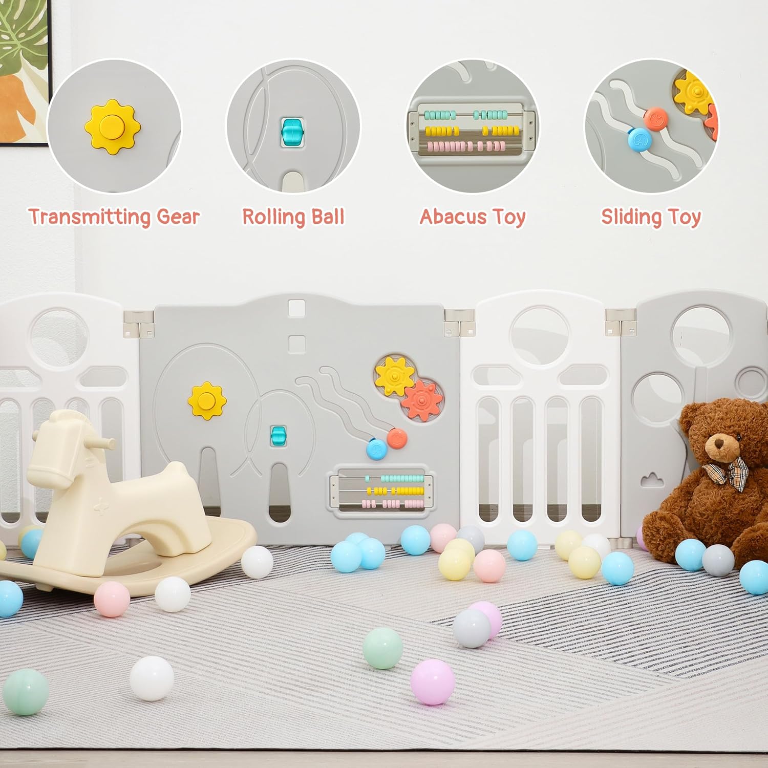 Baby Playpen, 14-Panel Foldable Play Pen for Babies and Toddlers, Indoor Outdoor Baby Fence with Sensory Play Panel, Adjustable Shape Activity Play Center, Portable & Easy Assemble - Image 4