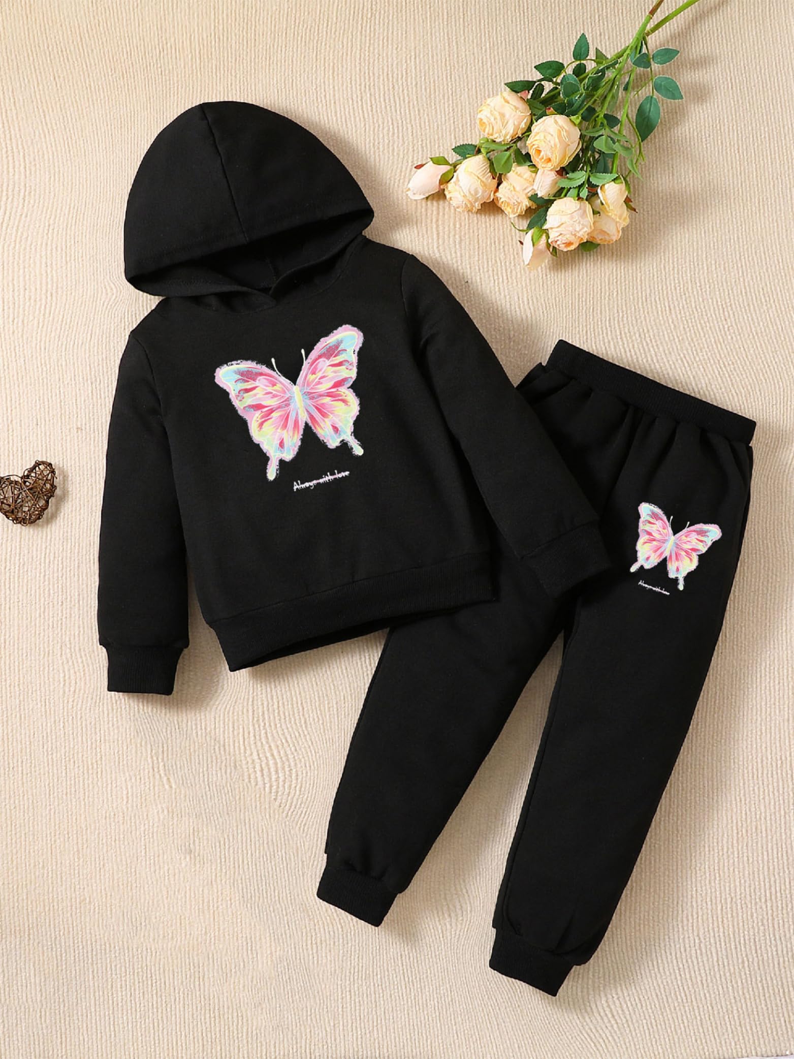Enfant Fille Survêtement Ensemble Sweat à Capuche Imprimé Papillon avec Pantalon Jogging Décontracté 2-10 Ans