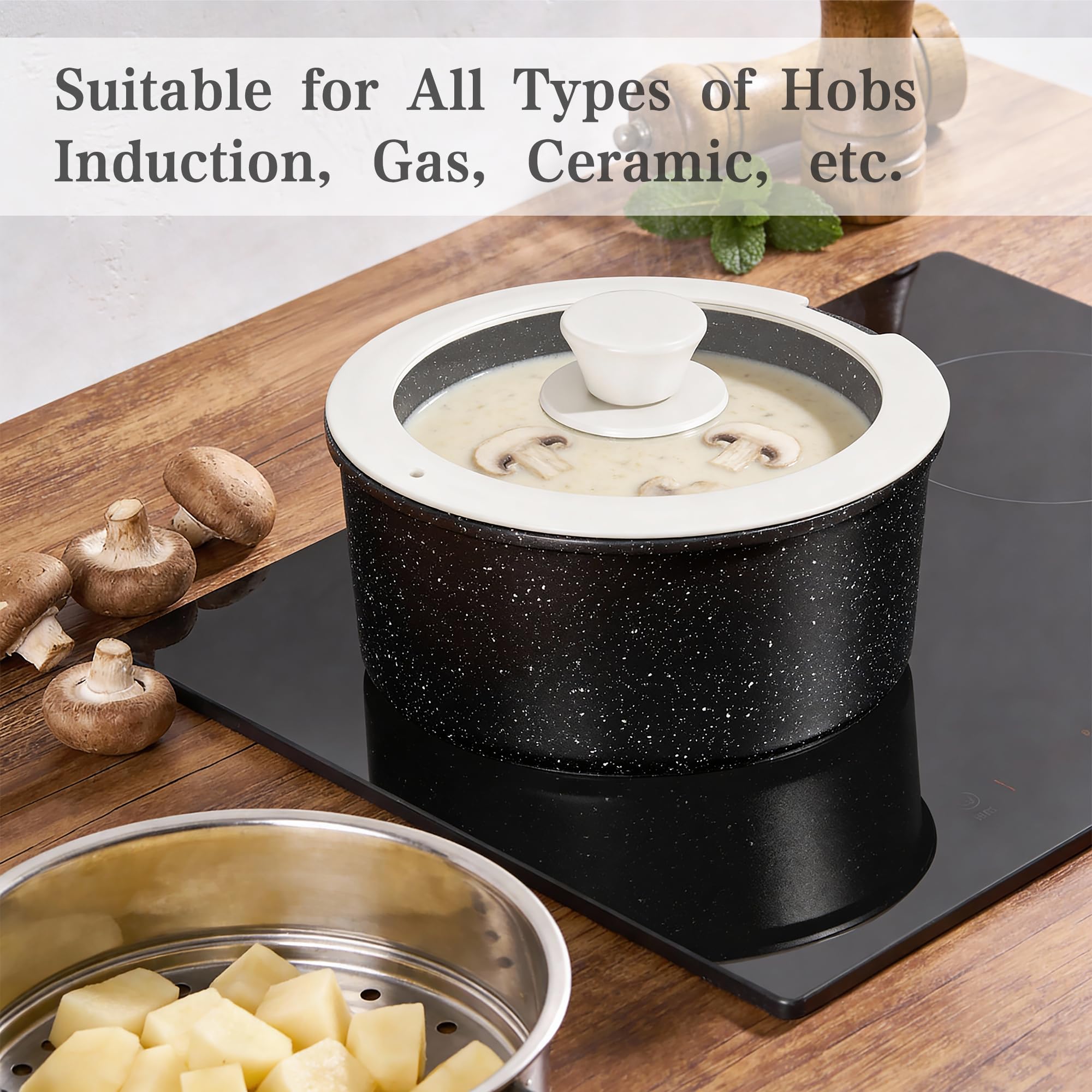 RIOVARM Induzione Set di pentole e padelle con manici staccabili, Antiaderente Padelle grill, Impilabile Casseruole con coperchi, Padella per omelette Senza PFOA, per tutti i tipi di fornelli