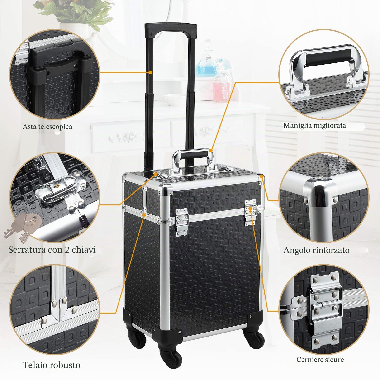 HOMCOM Valigia Trolley Trolley Trucco Valigetta cosmetica Vanity manico telescopico regolabile 34L x 24L x 52H cm alluminio. nero