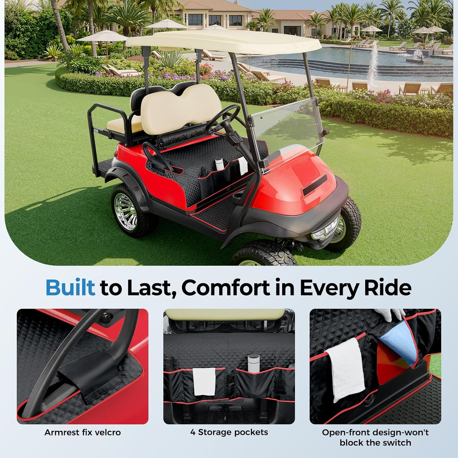 Tecoom Golf Cart Seat Covers with 4 Pockets Armrest Strap & Nonskid Bottom image 4