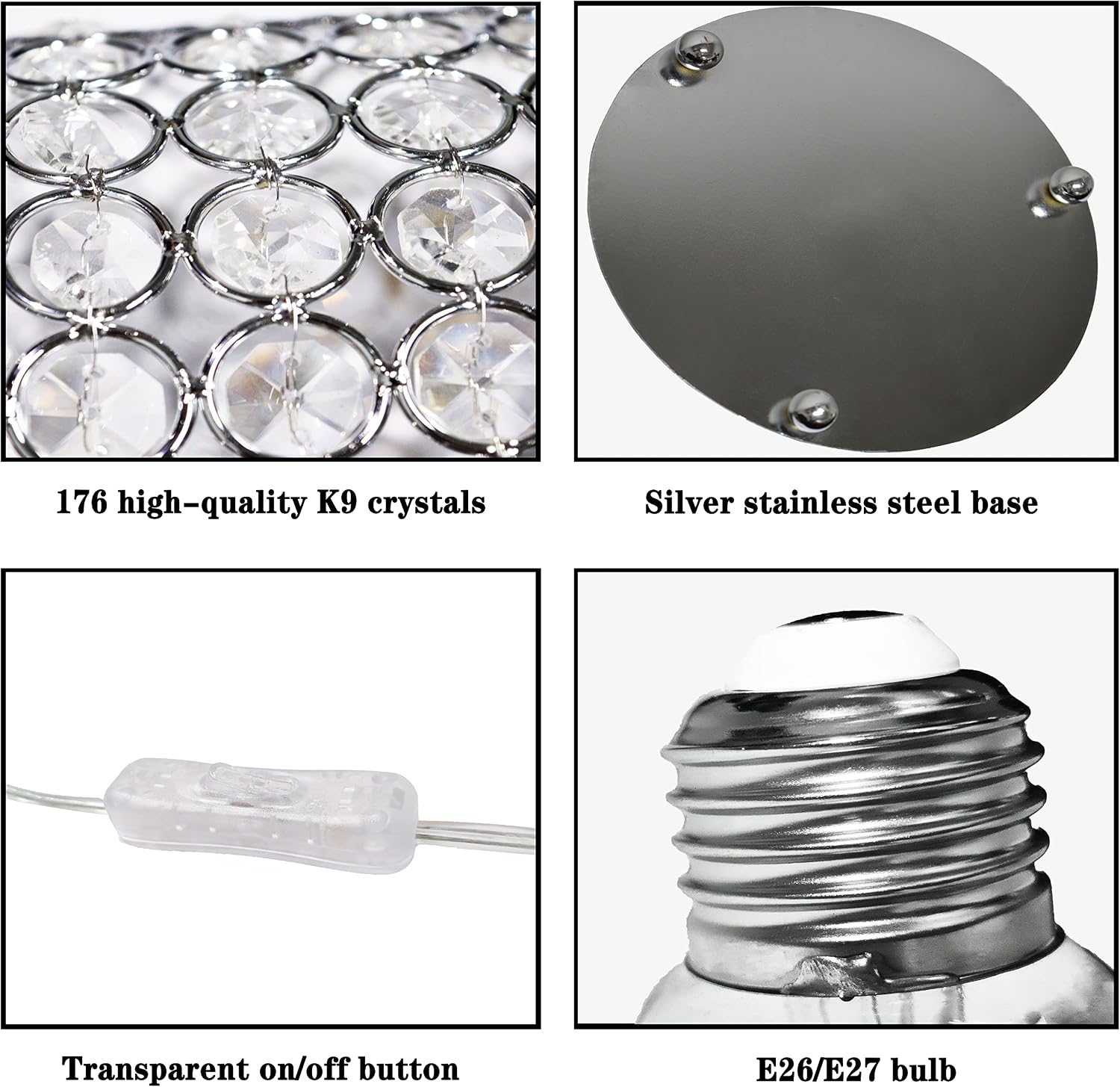 Crystal Lamp, FLoodoor Silver Lampshade K9 Crystal Table Lamp, Modern Style Decorative Bedside Table Lamp, Suitable for Bedroom, Bedside, Living Room, Bookcase (with Plug) image 3