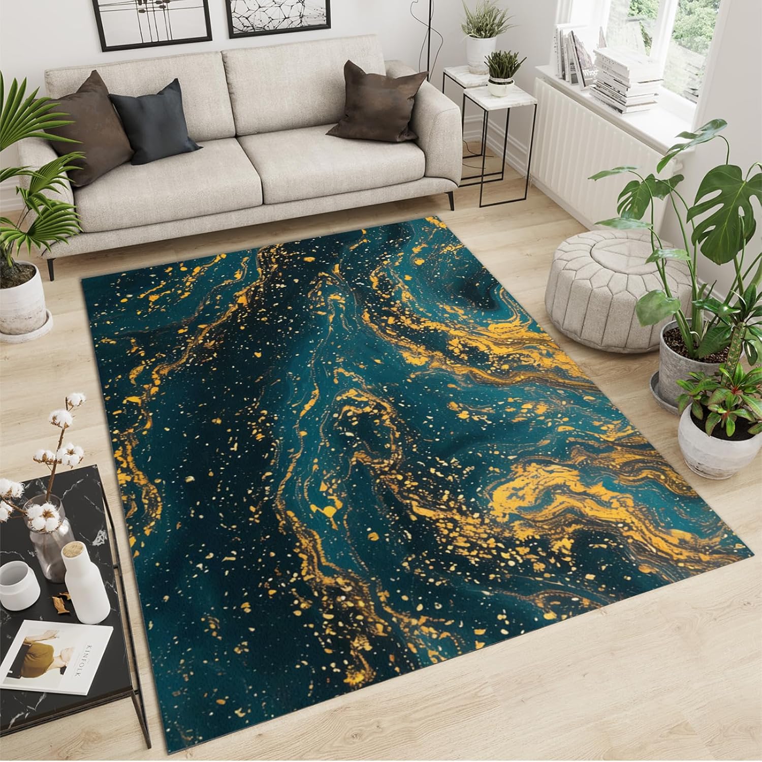 European Luxury Area Rugs, Dark Green Gilt Printed Carpets, Non Slip Foldable Low Pile Soft Washable Floor Mat for Living Room Bedroom Entryway Hallway Office Apartment Bath Room 2x3ft