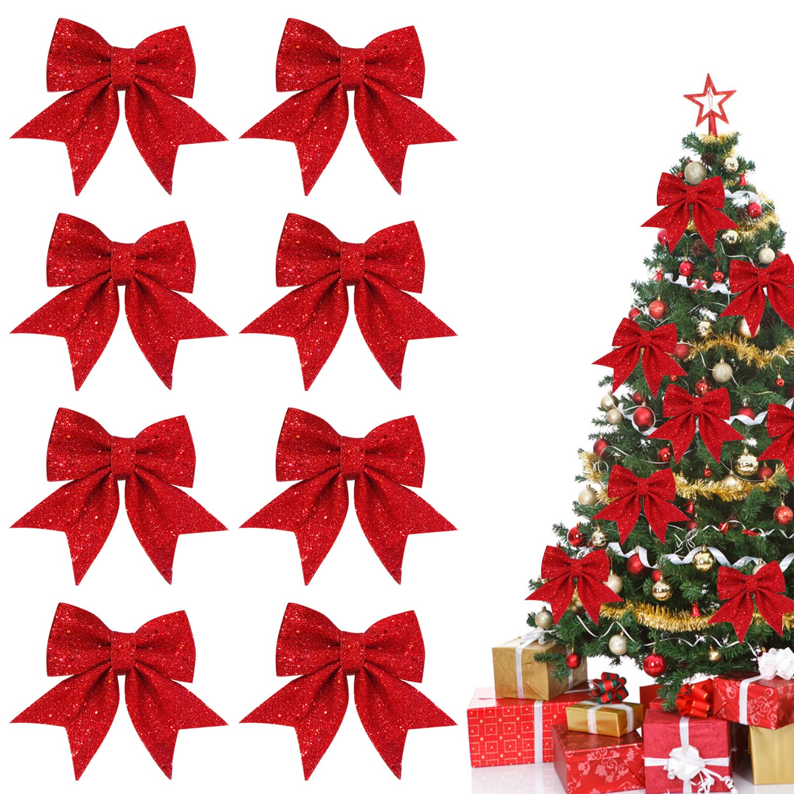 8개 세트 크리스마스 리본 레드 트리 리본 레드 글리터 리본 레드 크리스마스 리본 크리스마스 트리 장식 크리스마스 트리용 화환  장식-Freehip.co.kr