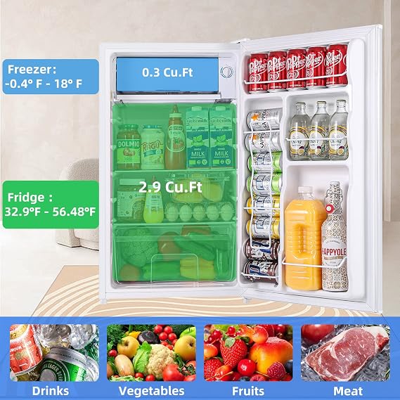 Mini Fridge with Freezer, 3.2Cu.Ft, Single Door Small Refrigerator, Energy-Efficient, Low Noise, Small fridge for Bedroom Dorm and Office, White