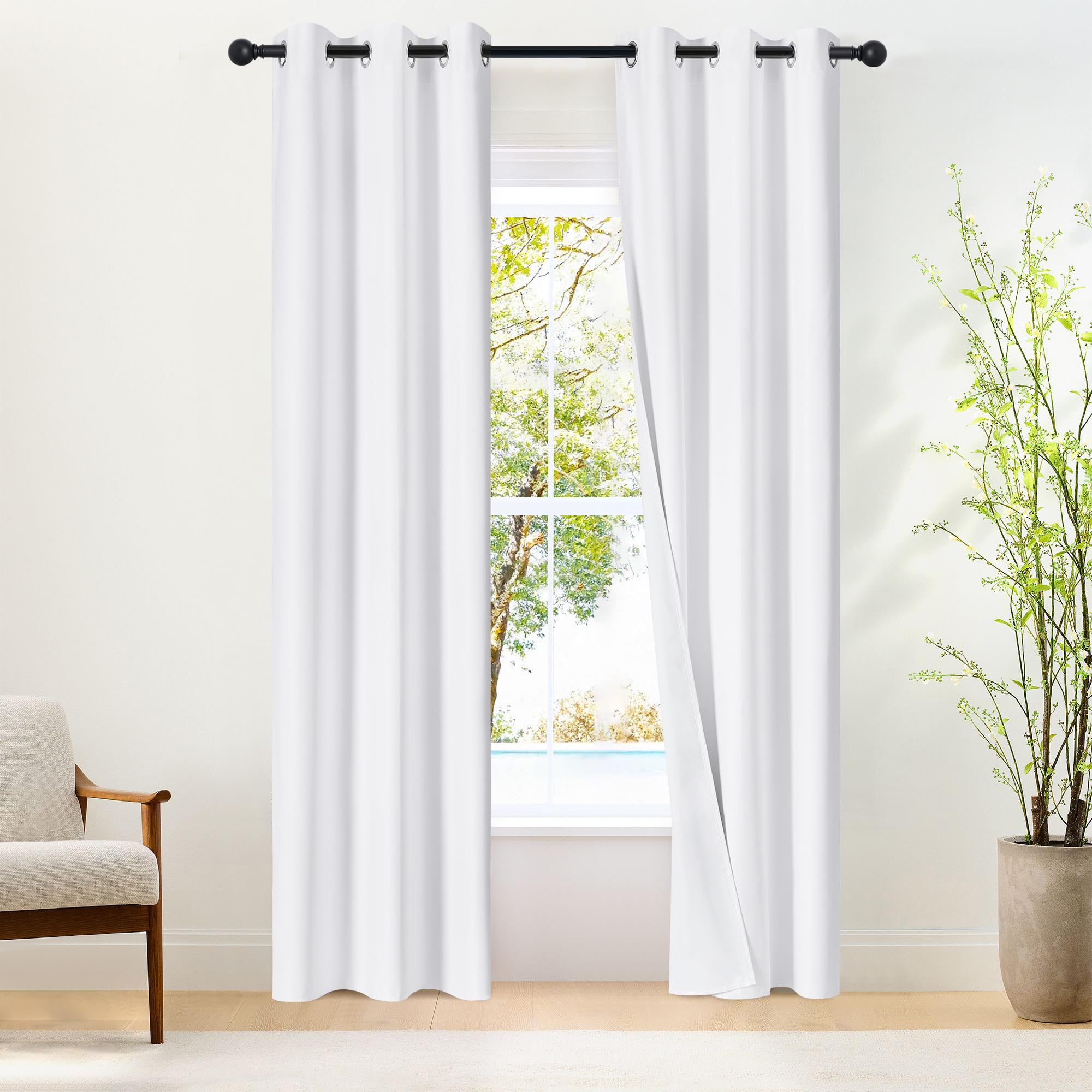 NICETOWN 100% Blackout Window Curtain Panels 84" Length, Set of 2, Snow White, 34 inches Wide, Thermal Insulated Drapes for Kitchen