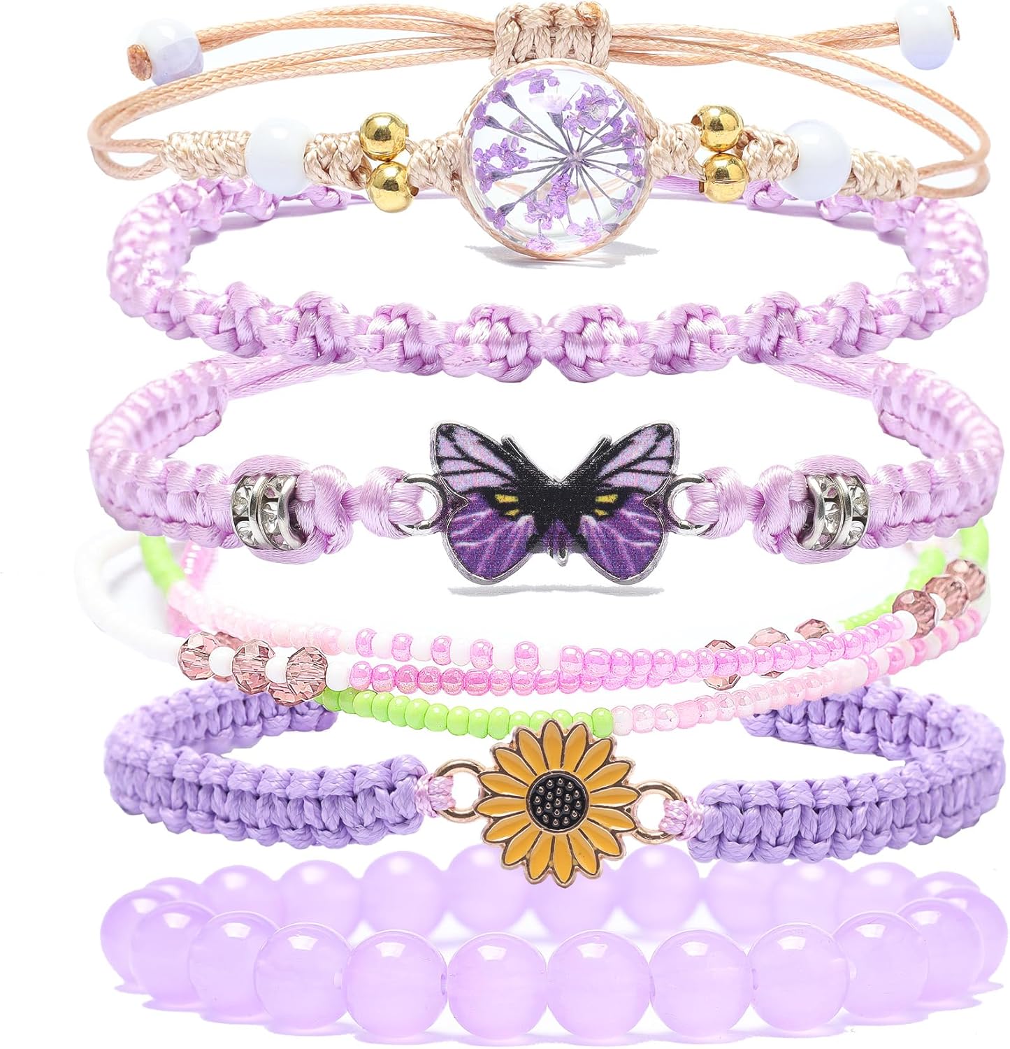 DS 6PCS String beads Charm Bracelets for Teen Girls Handmade Braided Rope Butterfly daisies Eternal flower Boho Surfer Bracelet for women Adjustable friendship Stretch birthday jewelry Gift Friends