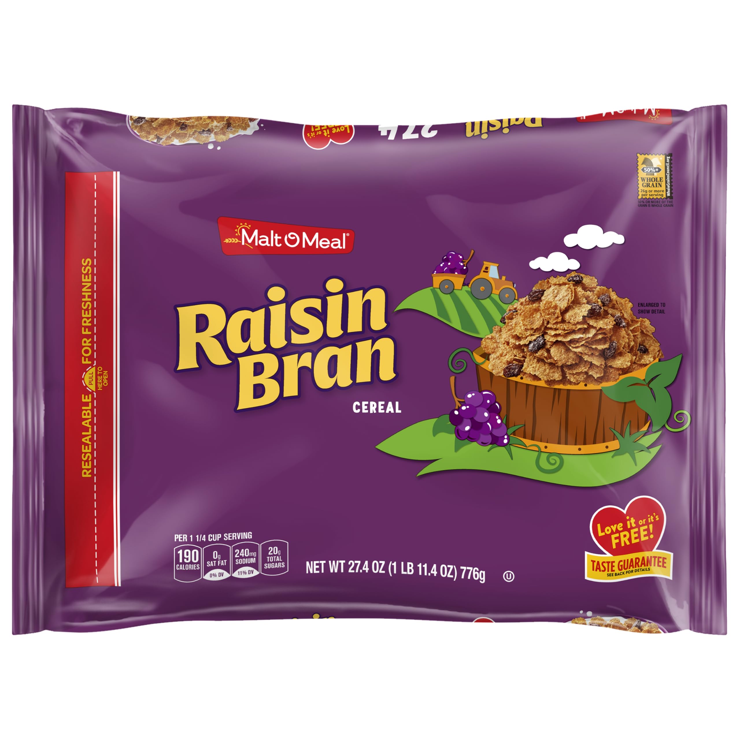 Malt-O-Meal Raisin Bran Cereal, Wheat Flakes and Raisins Breakfast Cereal, Large Cereal for Family, 27.4 OZ Resealable Cereal Bag