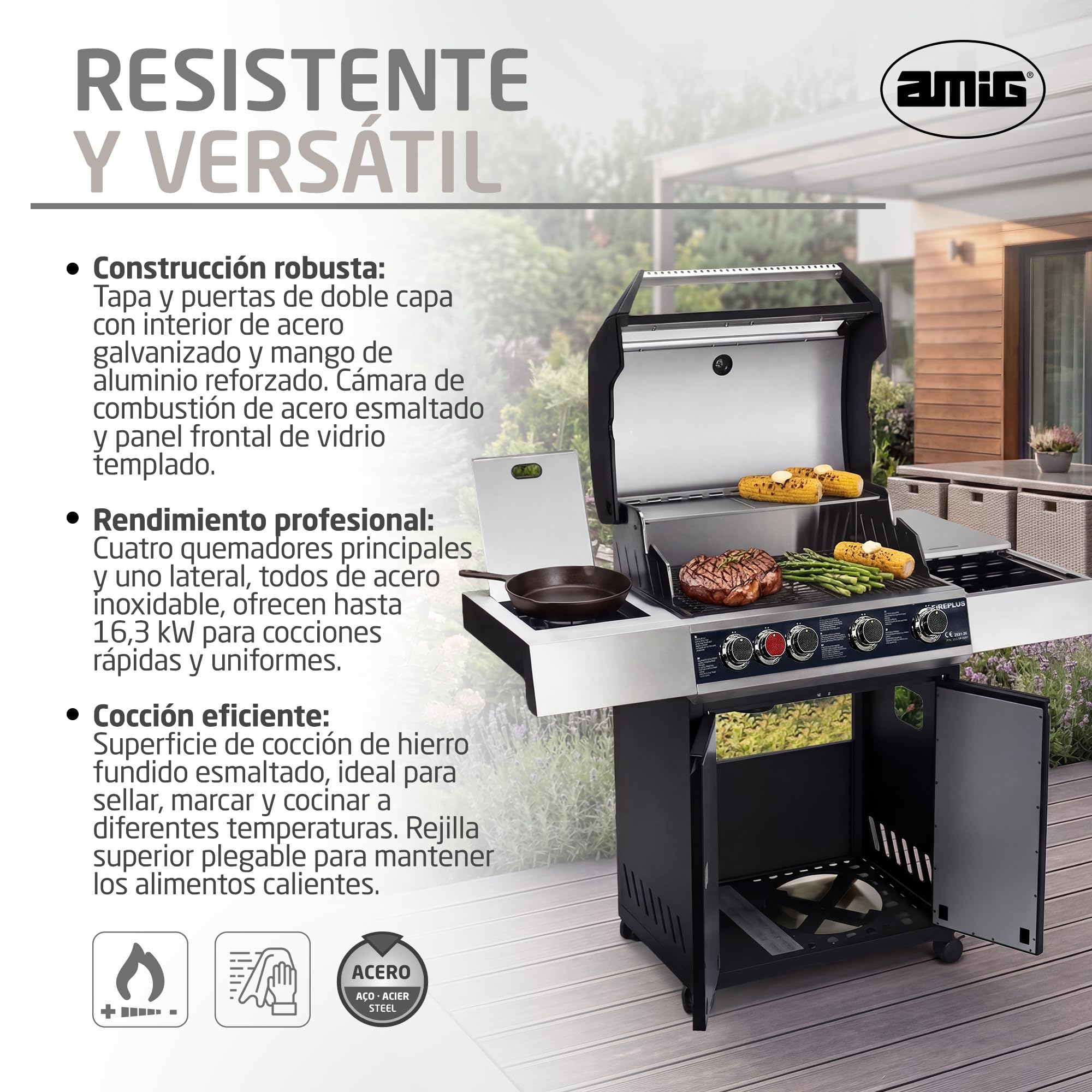 Amig - Barbacoa de Gas XXL Fireplus GRILL-2 5F - 139 x 55 x 115 cm - Superficie de Cocción 70x41,5 cm - Con Termómetro, Estante Lateral, Armario y Ruedas con Freno - Parrilla de Hierro Fundido - Negro