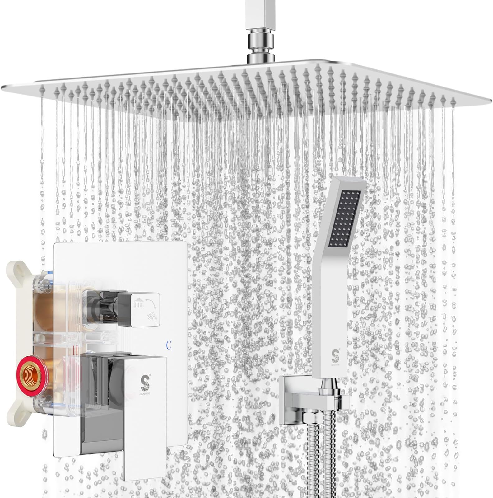 SR SUN RISE SRSH-C1003 Ceiling Mount Bathroom Luxury Rain Mixer Shower Combo Set Rainfall Shower Head System 10 Inch Polished Chrome (Contain Shower Faucet Rough-in Valve Body and Trim