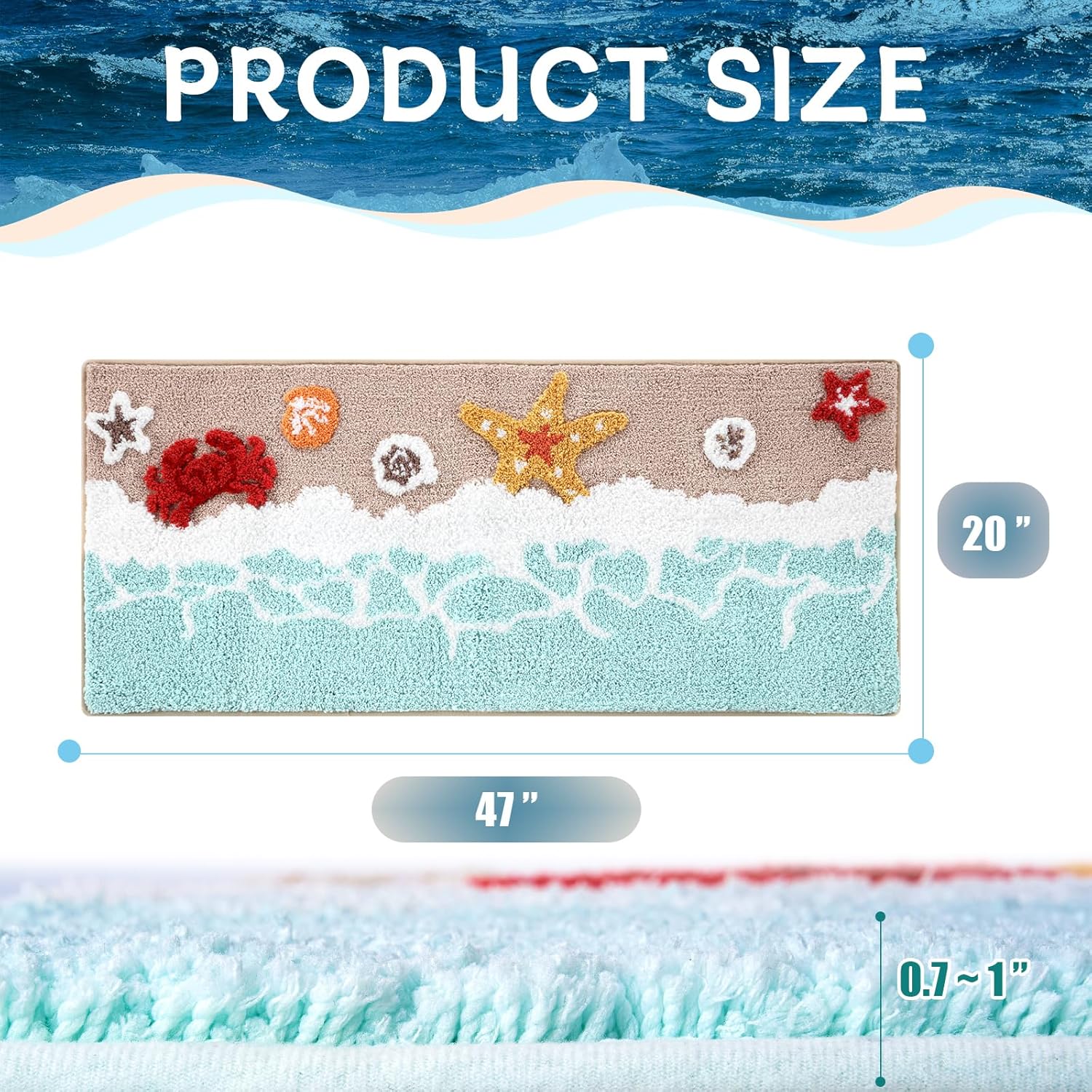 3D Beach Bathroom Runner Rug 20x47 Inch, Soft and Absorbent Tufted Shell Crab Starfish Bath Mat Non Slip Washable, Ocean Coastal Nautical Decor for Bathroom Bedroom