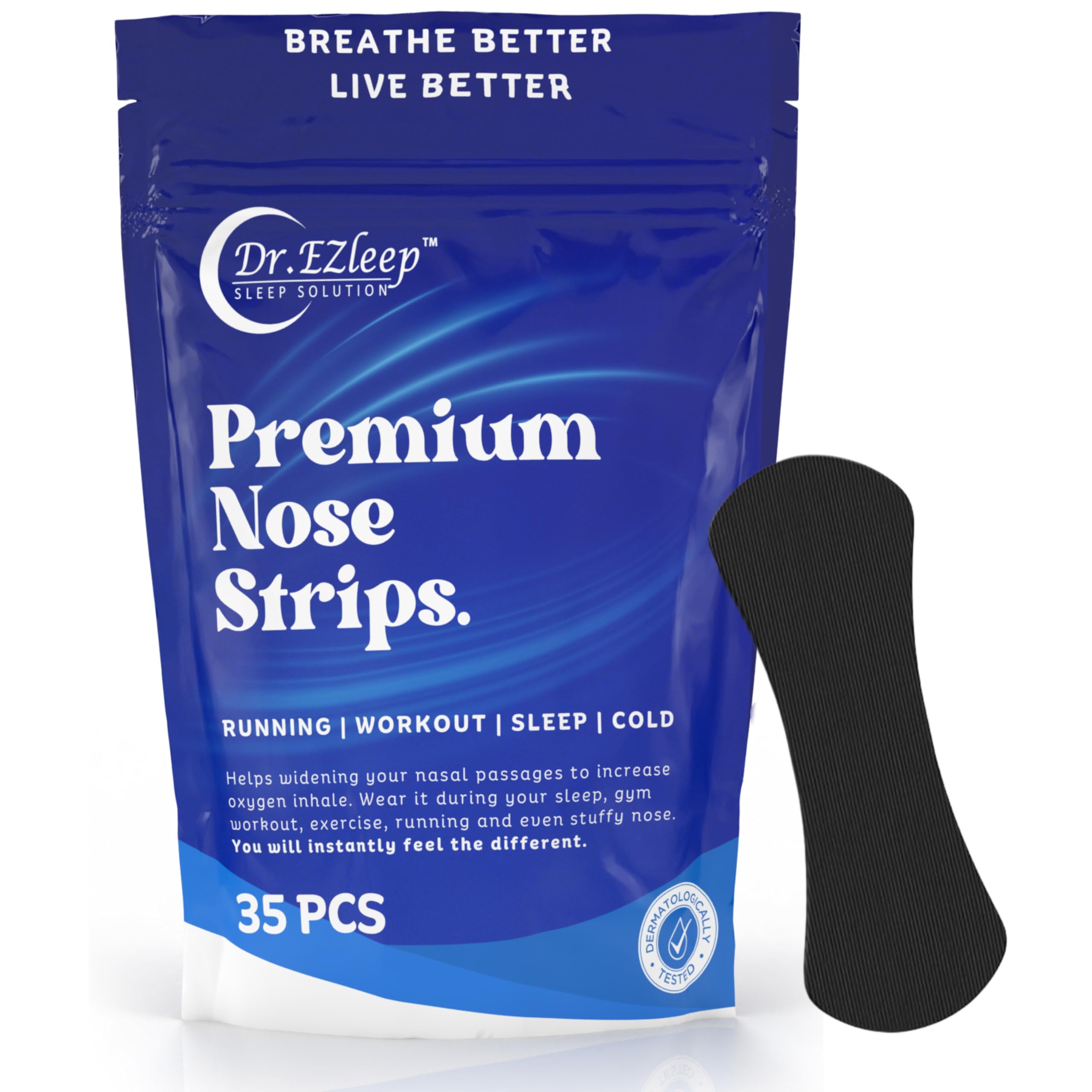 DrEZleep™ Hypoallergenic Nasal Strips for Snoring Solution (35PCS) - Athletic Extra Strength Nose Strips - Strong Hold Irritation-Free Adhesive Nose Tape - Increase Oxygen Intake During Workout