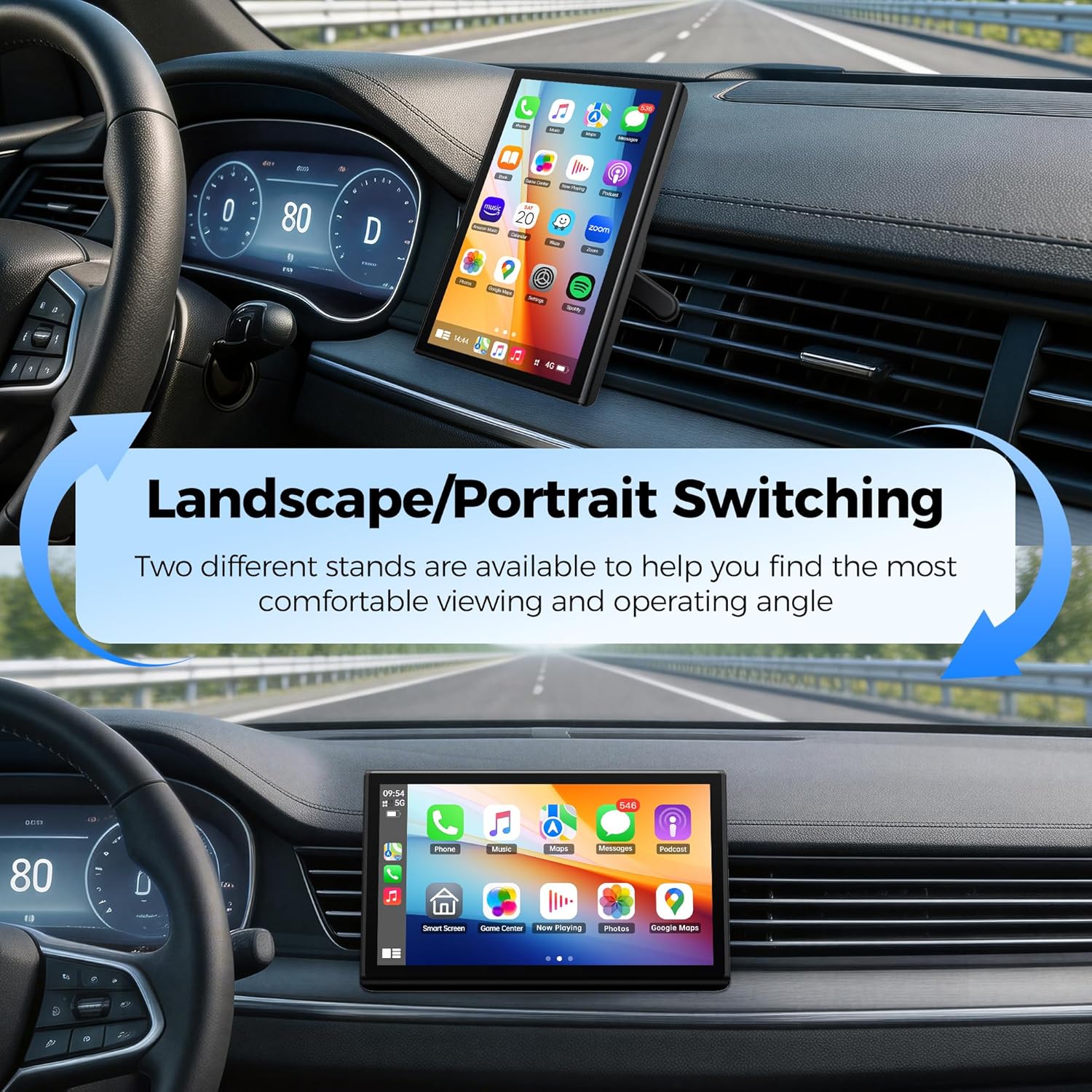 Topexplore 7" Wireless Apple CarPlay and Android Auto Screen with Magnetic Mount, Portrait/Landscape Switch, Portable Car Stereo with Bluetooth, Mirror Link, GPS, OTA Update