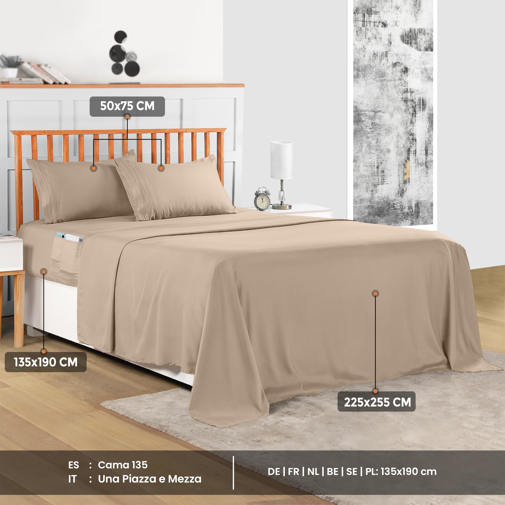 Utopia Bedding Set Lenzuola Una Piazza e Mezza 4 Pezzi 135x190 cm - Microfibra di Poliestere - Lenzuolo con Angoli con Tasche Portaoggetti, Lenzuolo Piatto e 2 Federe Ricamate, Beige